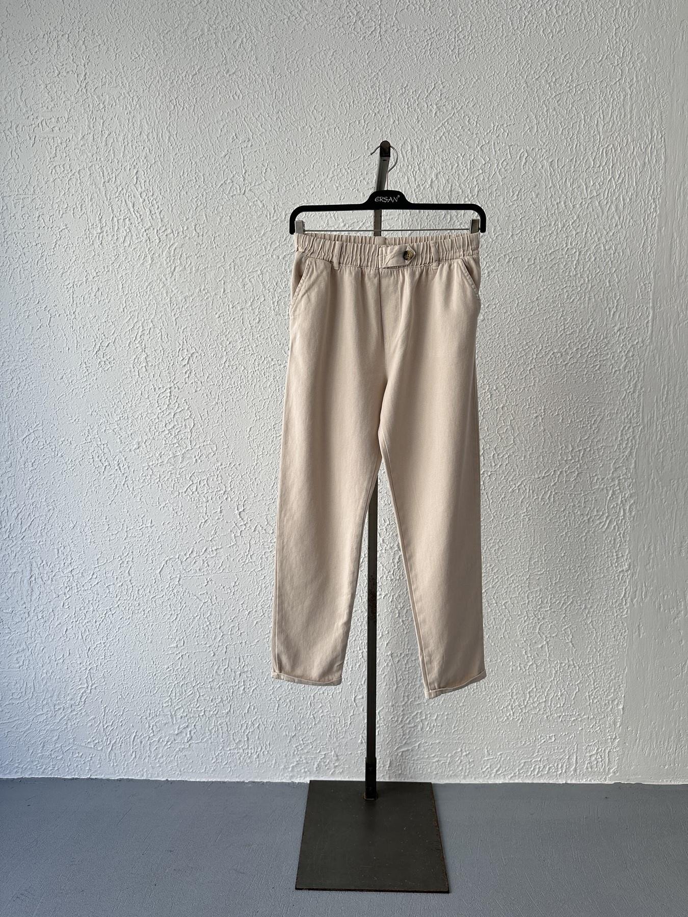 Beli Lastikli Düğme Detay Pantolon Taş