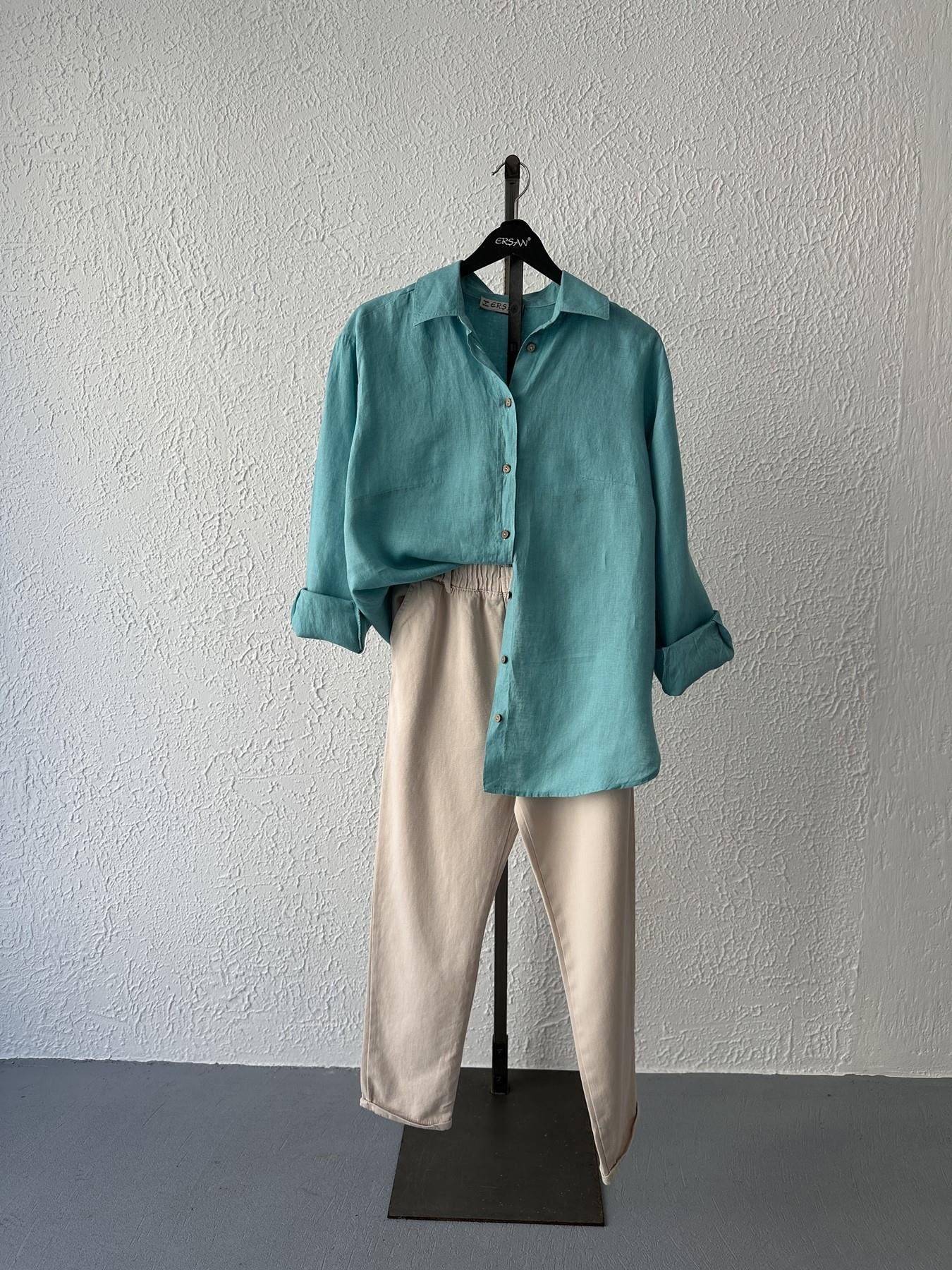 Beli Lastikli Düğme Detay Pantolon Taş