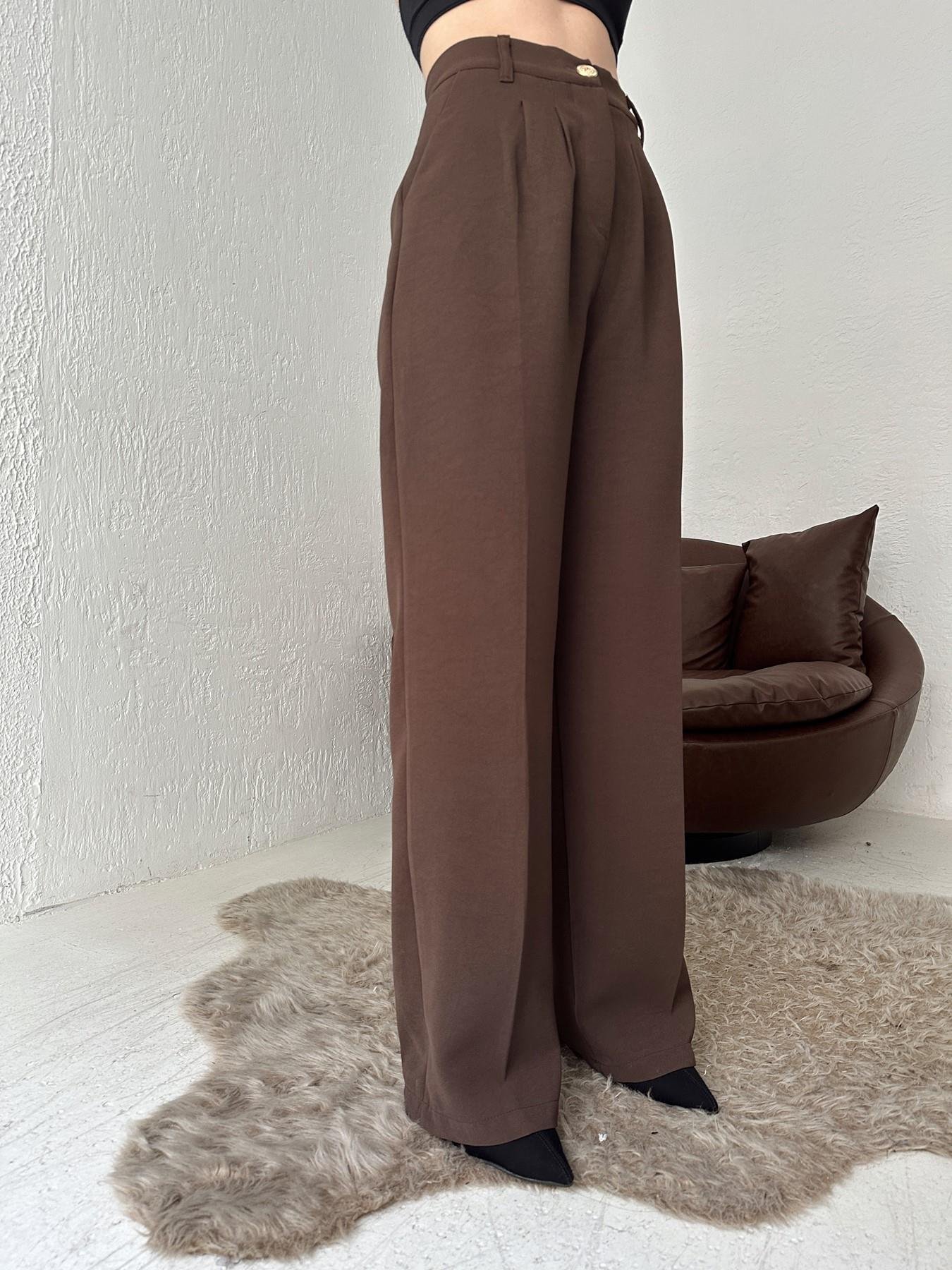 Beli Lastikli Gold Düğme Palazzo Pantolon KAHVE