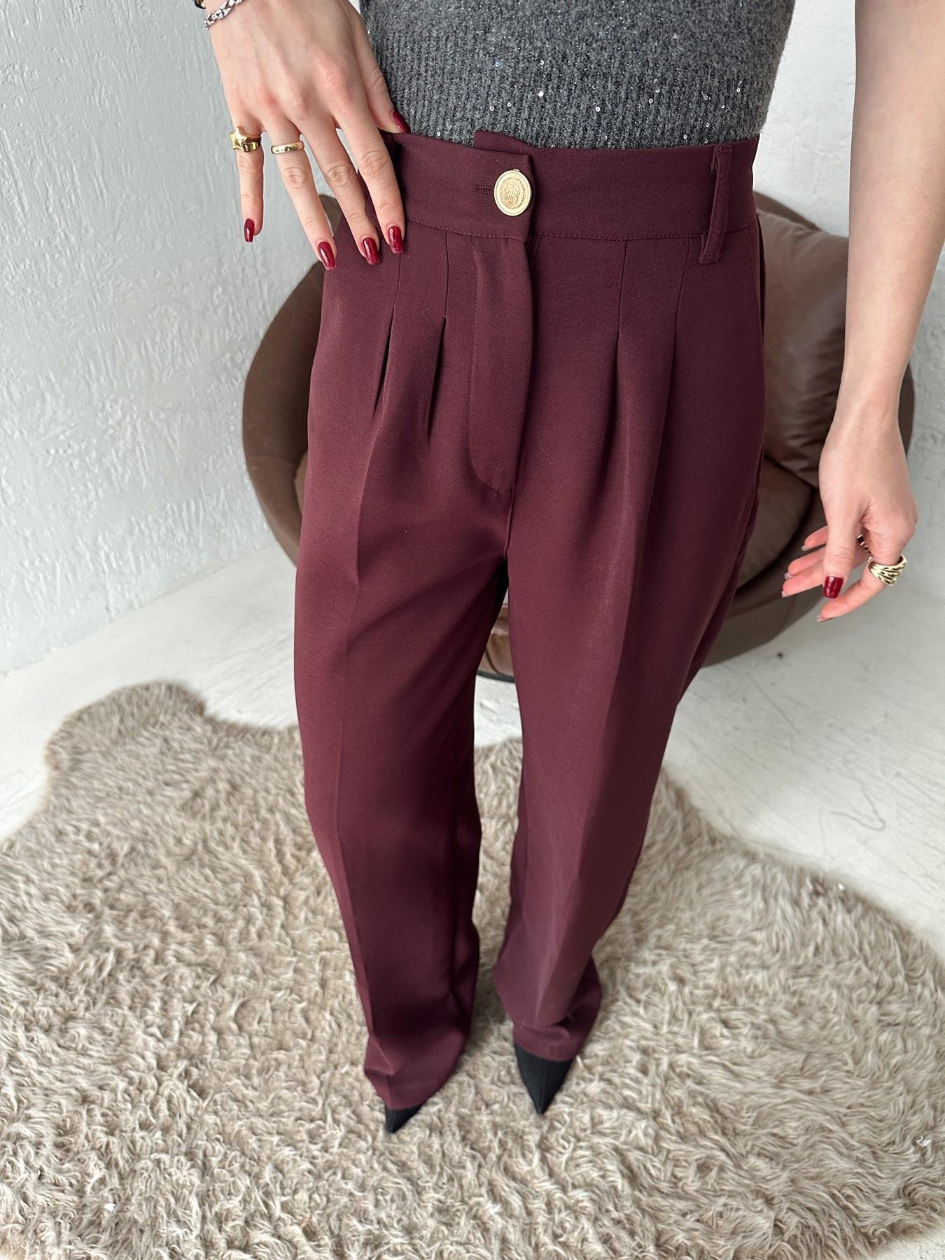 Beli Lastikli Gold Düğme Palazzo Pantolon BORDO