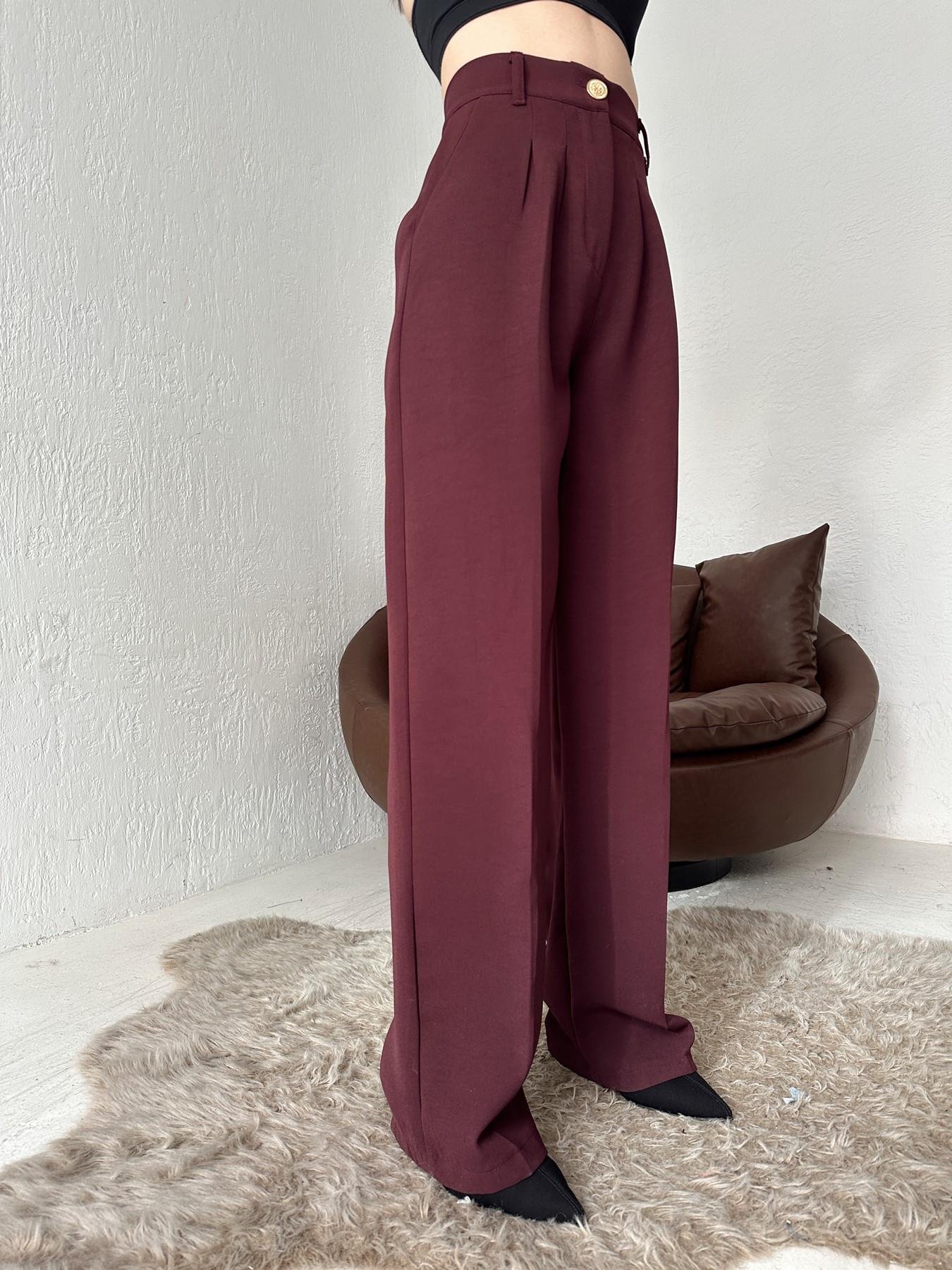 Beli Lastikli Gold Düğme Palazzo Pantolon BORDO