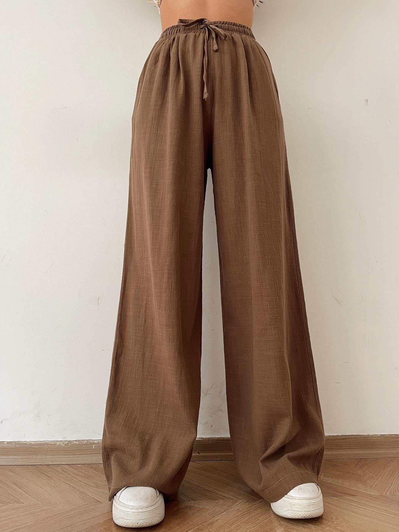 Beli Lastikli Keten Pantolon KAHVE