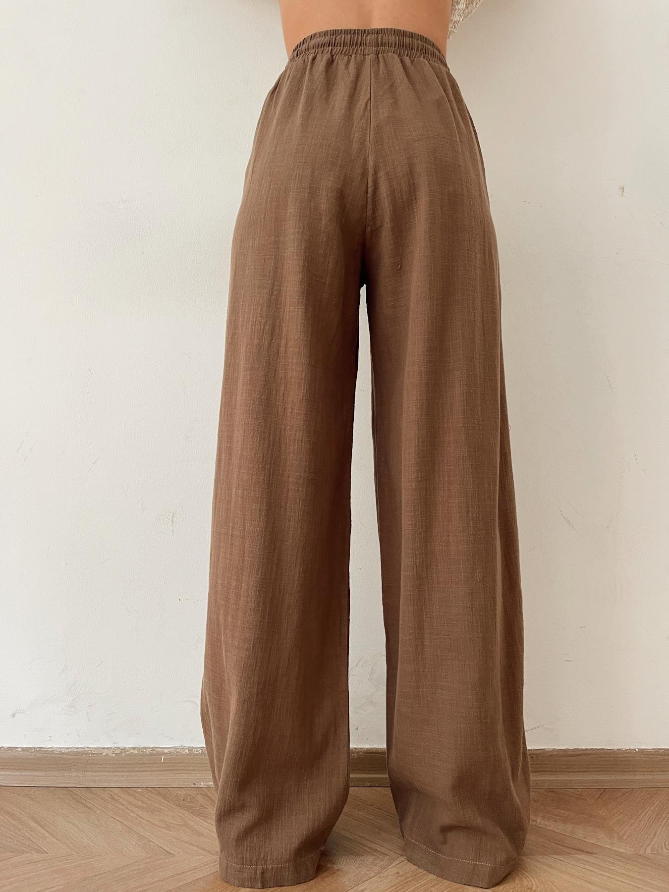 Beli Lastikli Keten Pantolon KAHVE