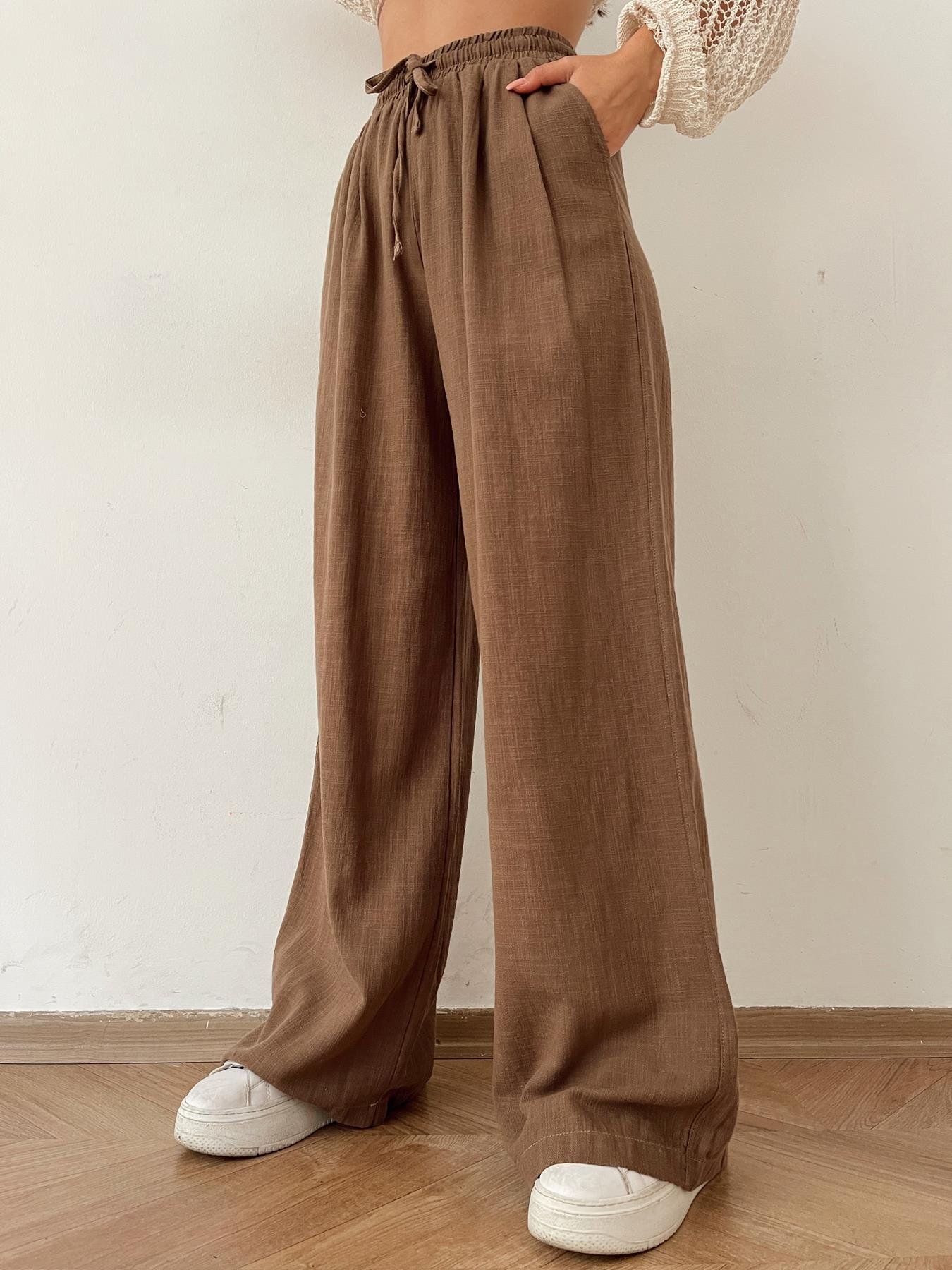 Beli Lastikli Keten Pantolon KAHVE