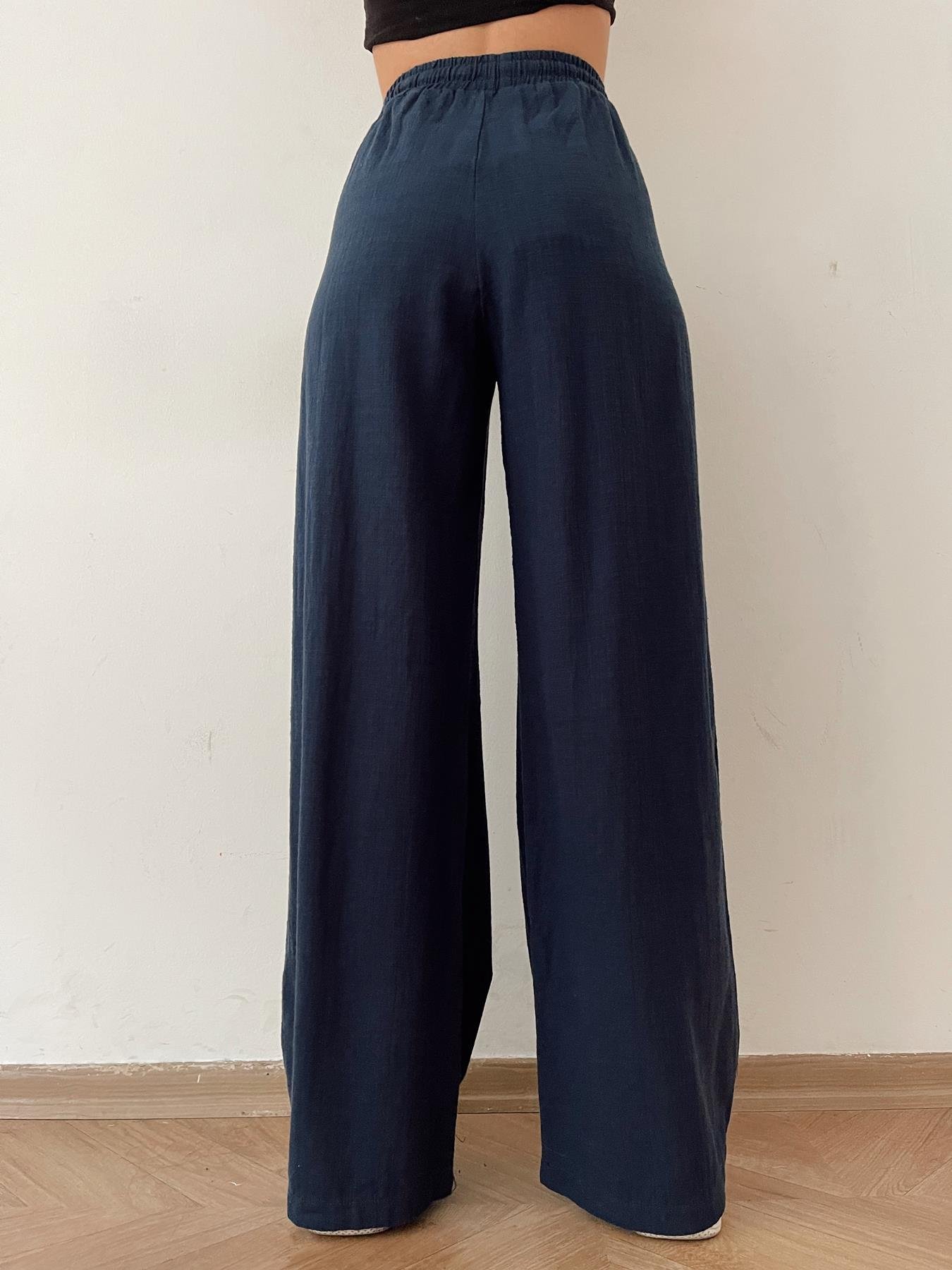 Beli Lastikli Keten Pantolon LACİVERT