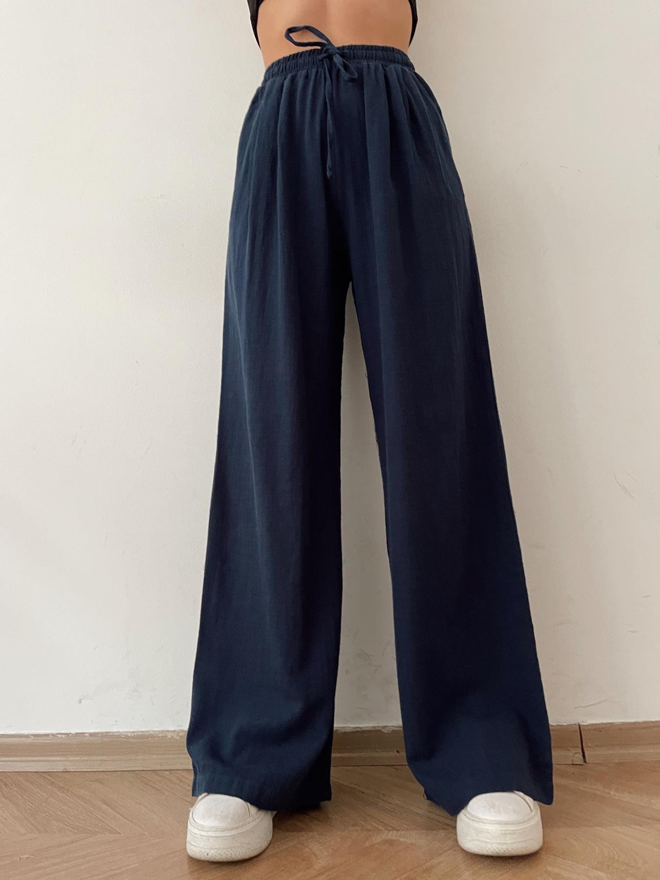 Beli Lastikli Keten Pantolon LACİVERT