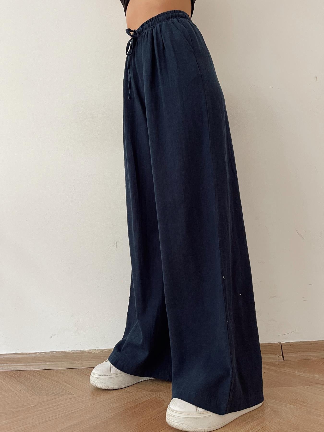 Beli Lastikli Keten Pantolon LACİVERT