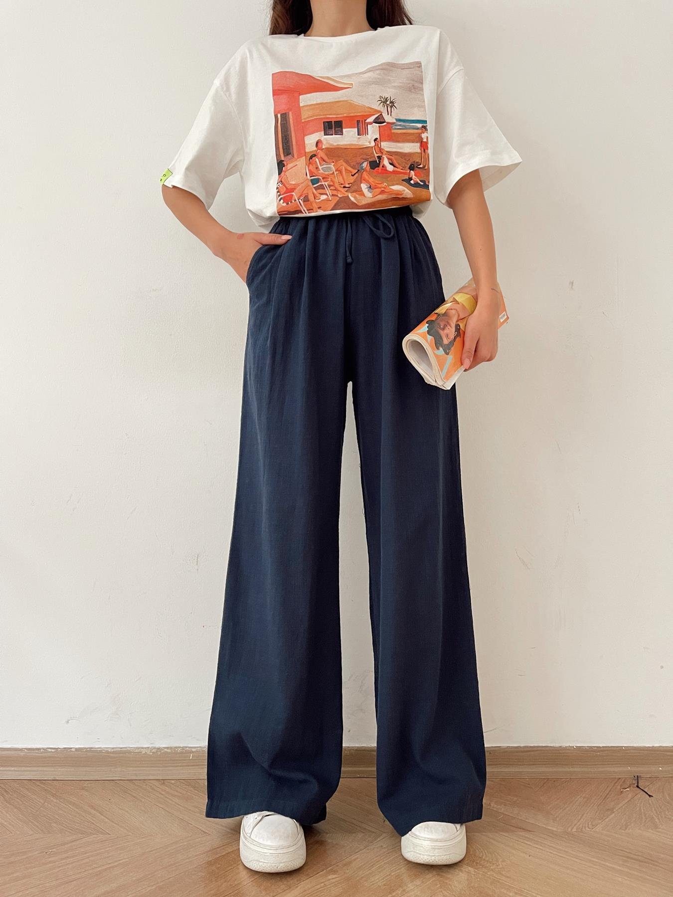 Beli Lastikli Keten Pantolon LACİVERT