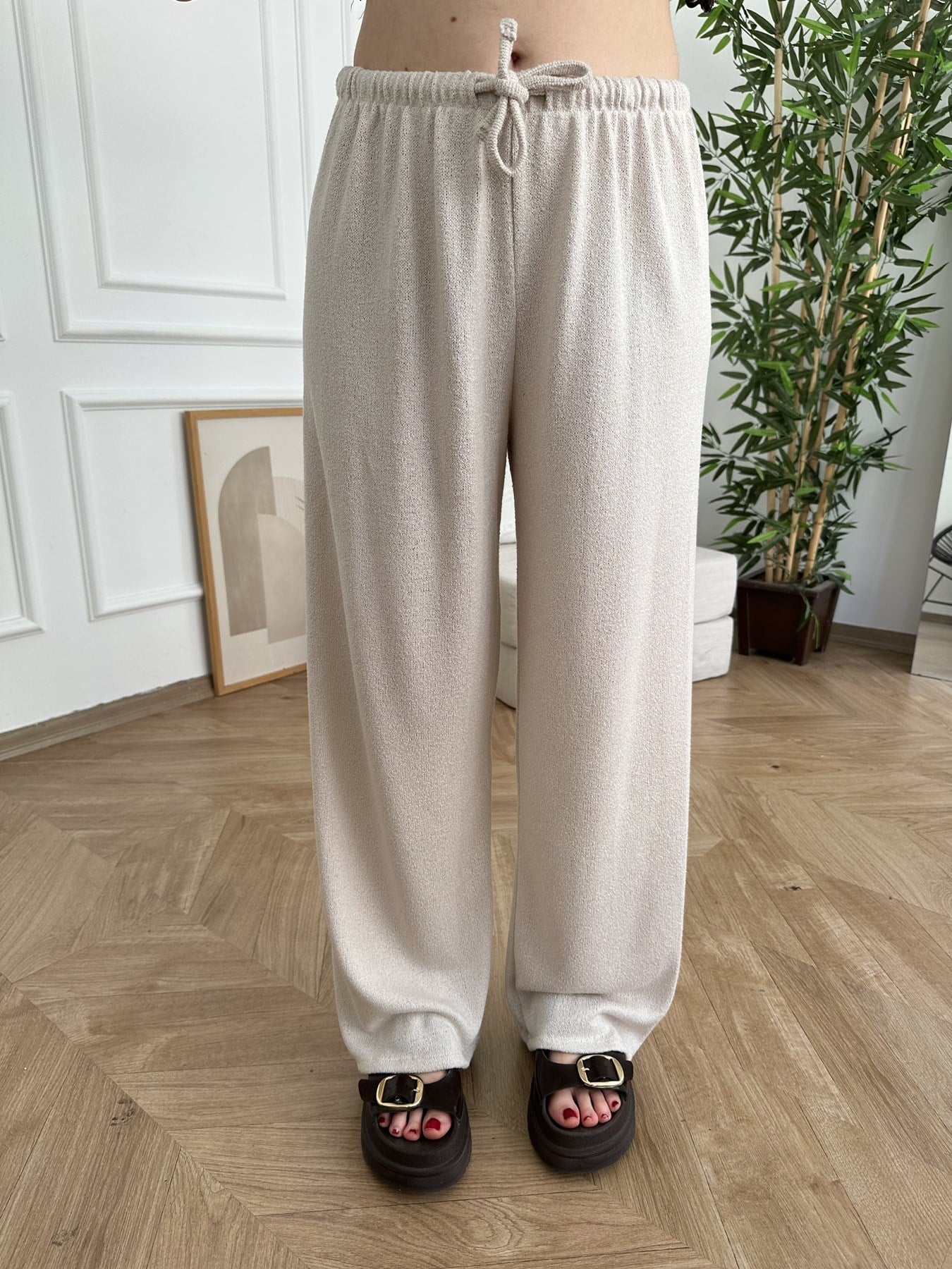 Beli Lastikli Örme Bol Paça Pantolon Naturel