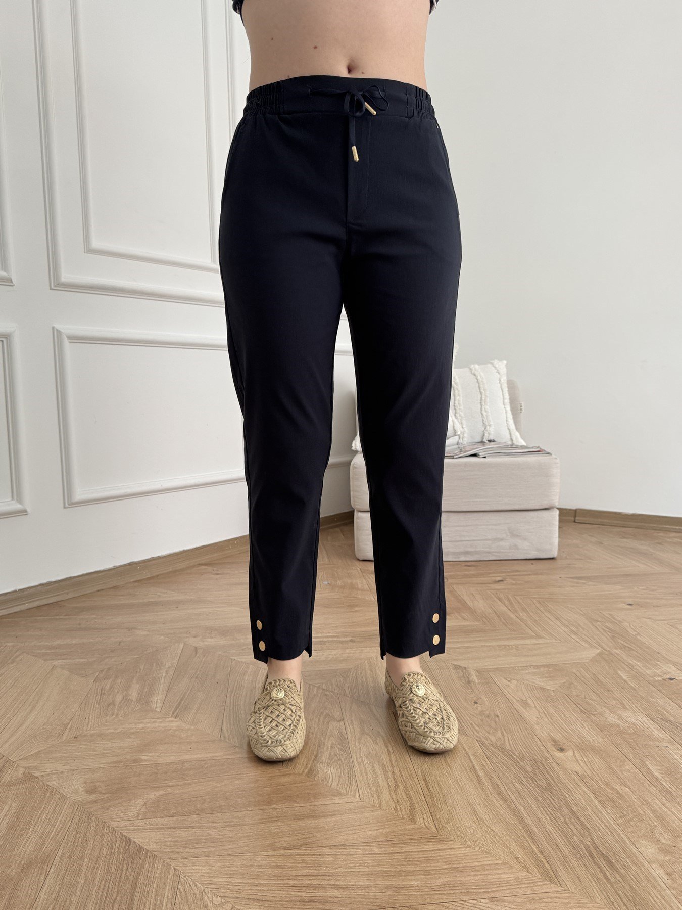 Beli Lastikli Paça Düğmeli Pantolon Lacivert