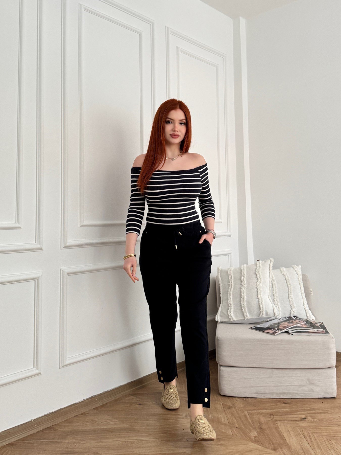 Beli Lastikli Paça Düğmeli Pantolon Lacivert