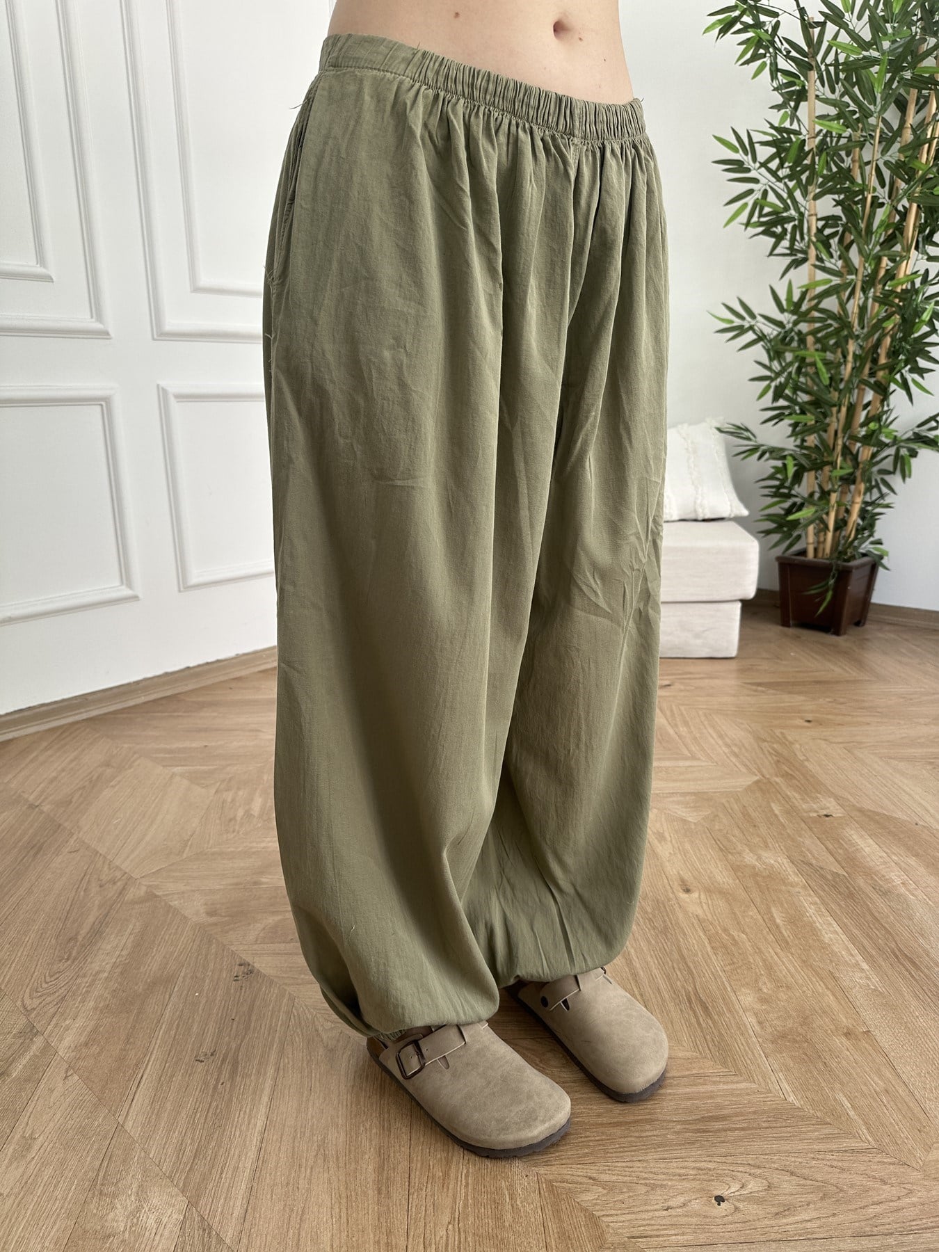 Beli Lastikli Şalvar Pantolon Açık haki