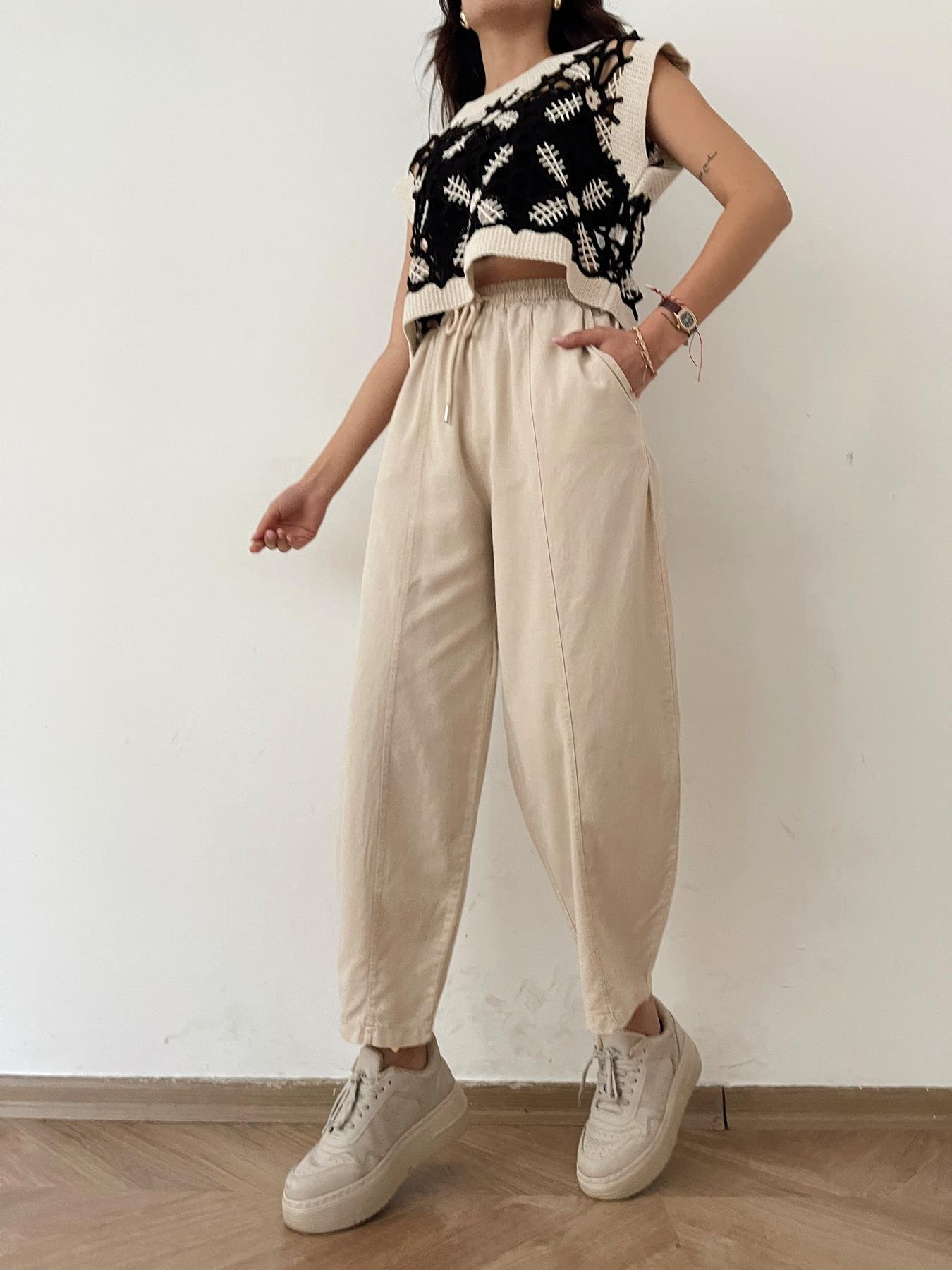 Beli Lastikli Tencel Pantolon TAŞ