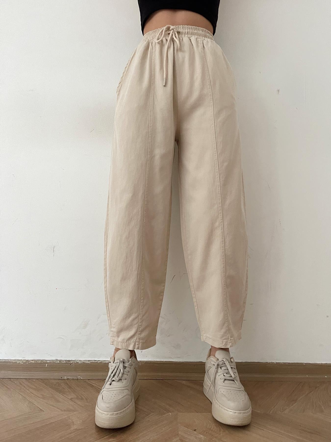 Beli Lastikli Tencel Pantolon TAŞ
