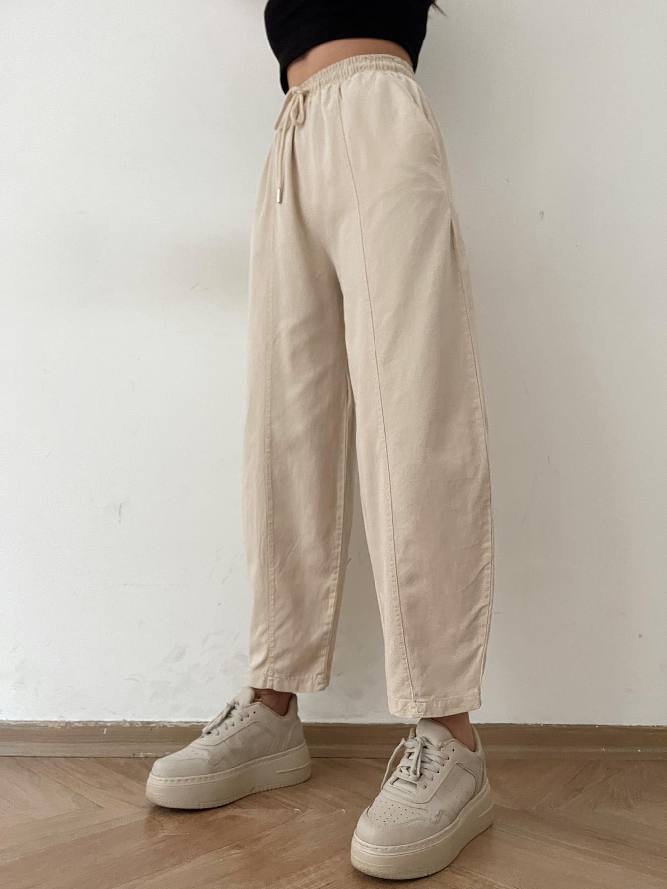 Beli Lastikli Tencel Pantolon TAŞ