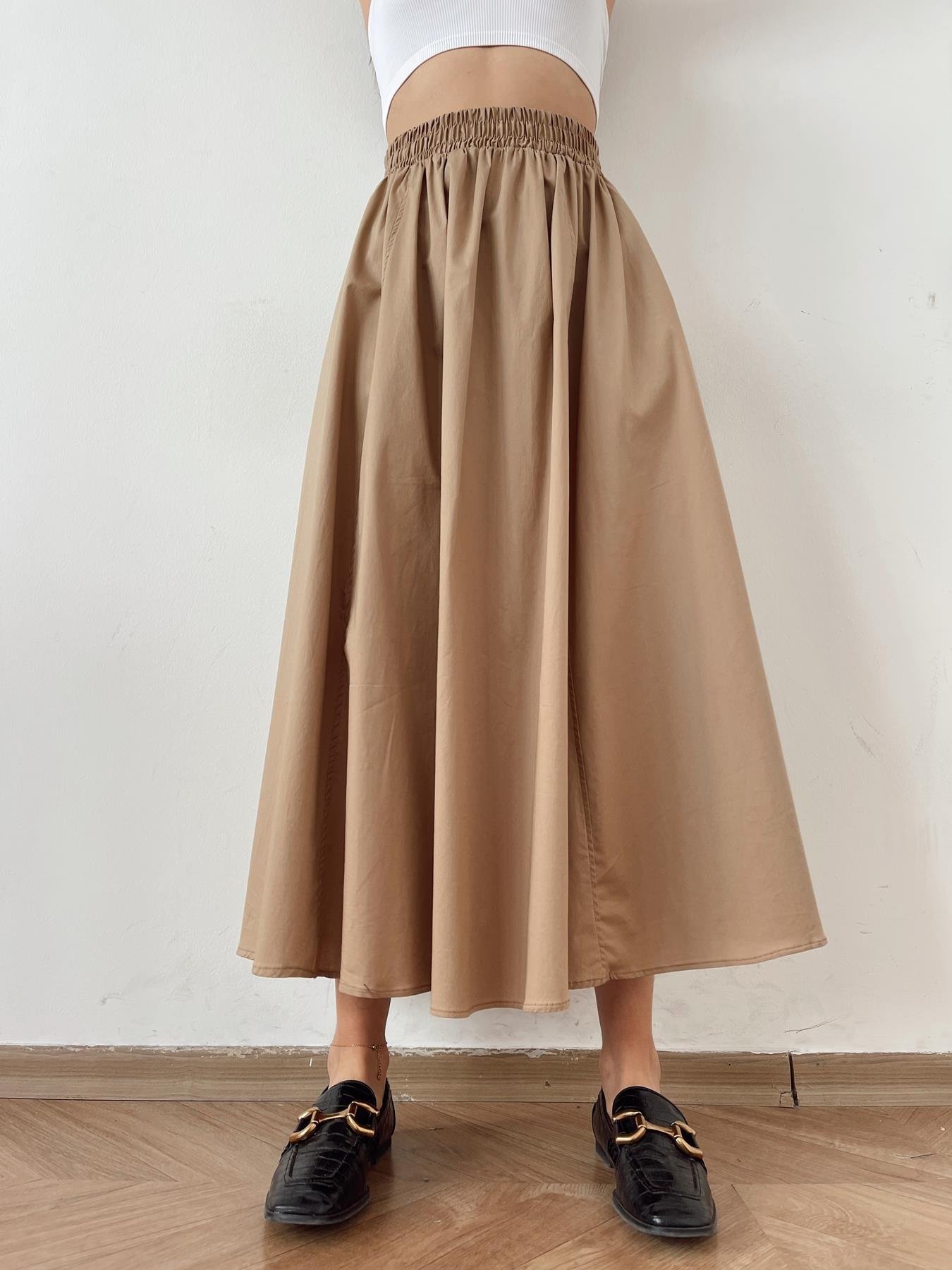 Beli Lastikli Uzun Çan Etek CAMEL