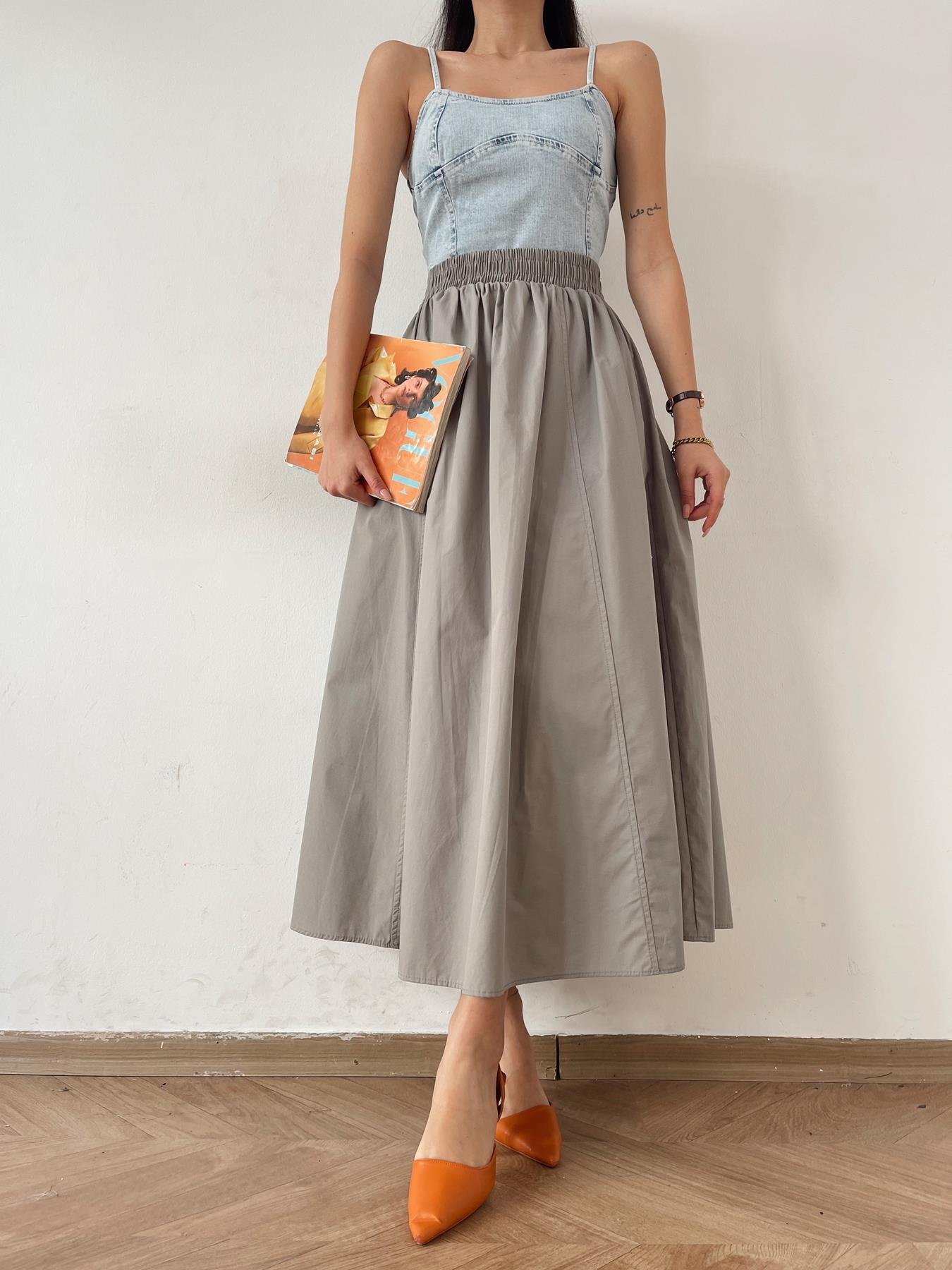 Beli Lastikli Uzun Çan Etek GRİ