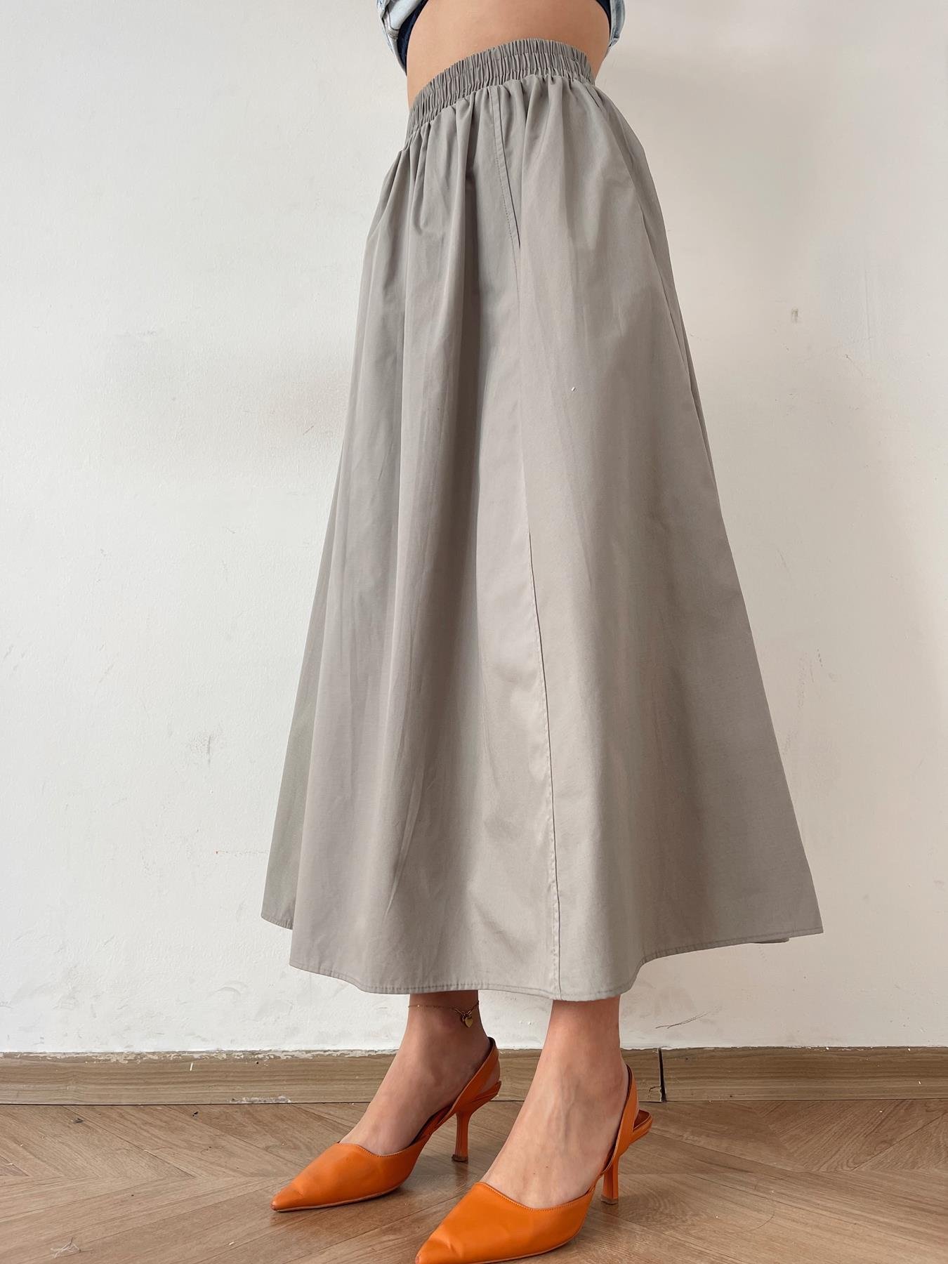 Beli Lastikli Uzun Çan Etek GRİ