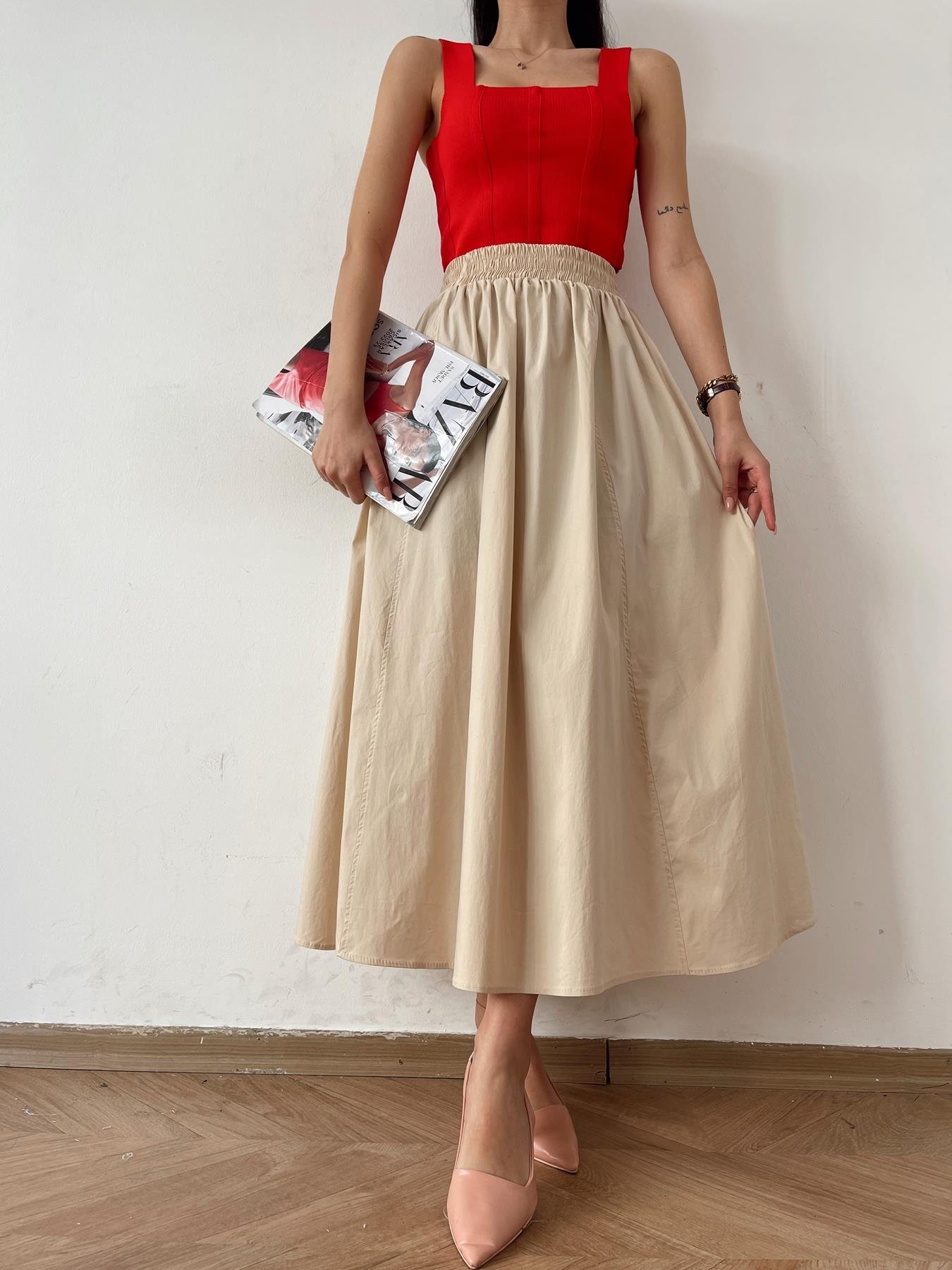 Beli Lastikli Uzun Çan Etek KREM