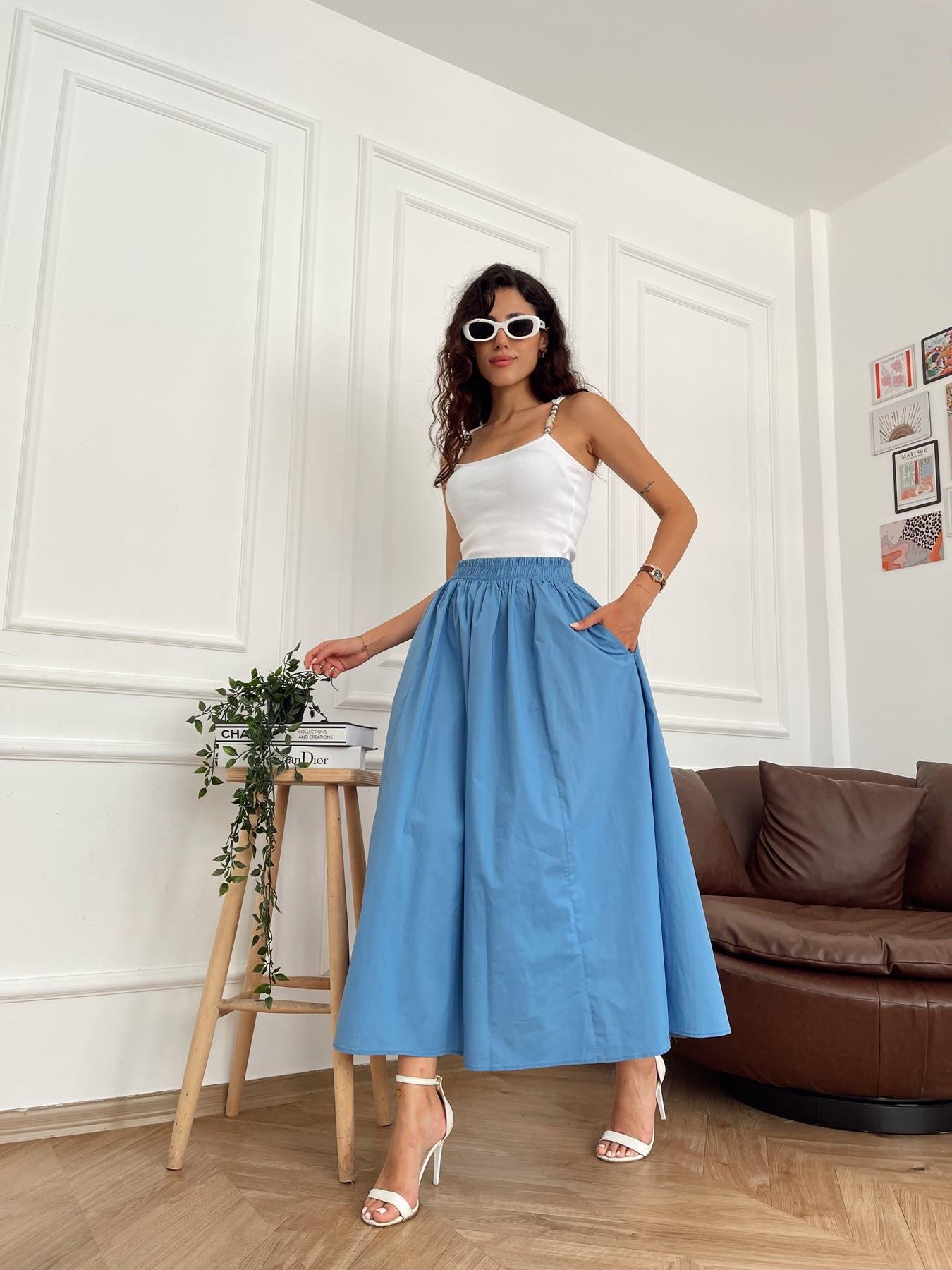 Beli Lastikli Uzun Çan Etek MAVİ