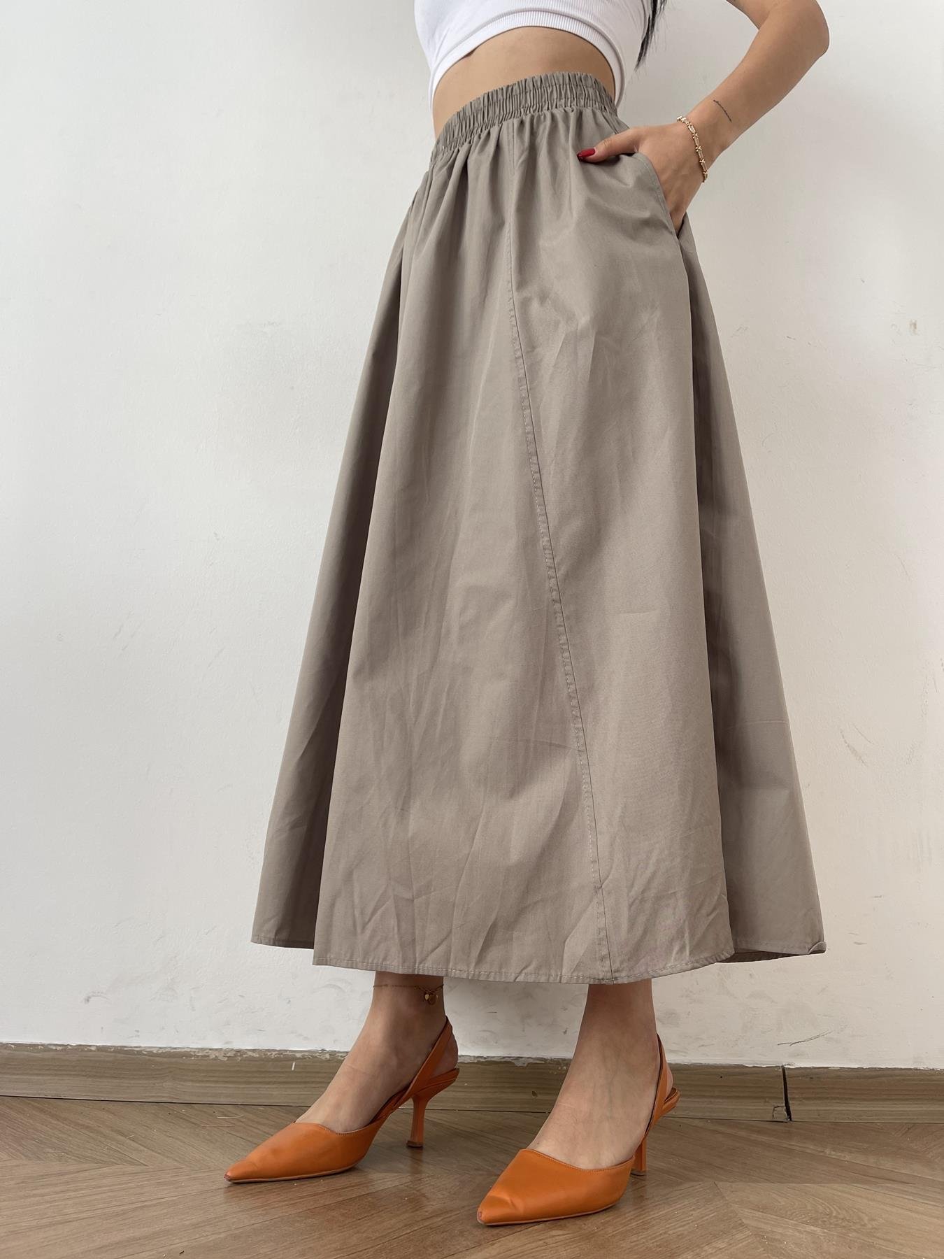 Beli Lastikli Uzun Çan Etek VİZON