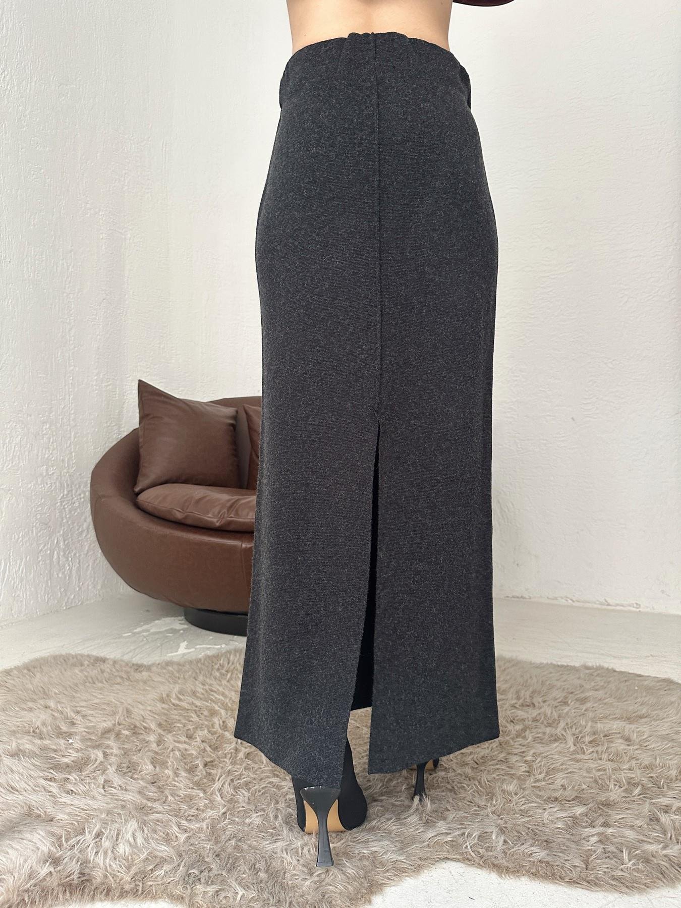 Beli Lastikli Yırtmaçlı Triko Etek ANTRASİT MELANJ