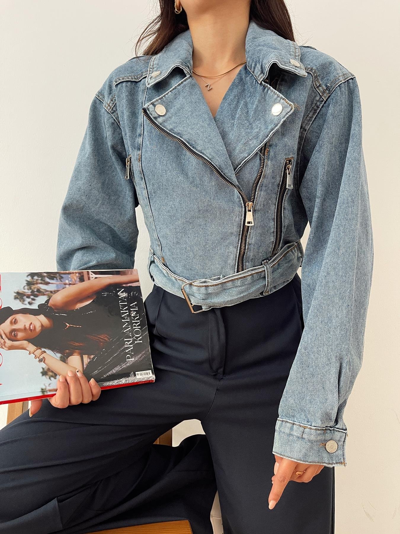 Biker Jean Ceket MAVİ