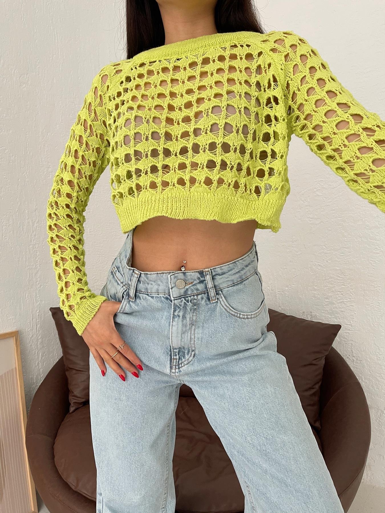 Bisiklet Yaka Ajurlu Triko SARI