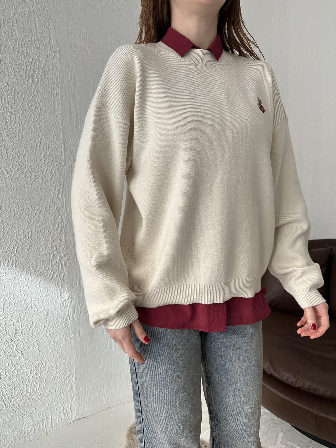 Bisiklet Yaka Ayıcık Nakış Kazak KREM