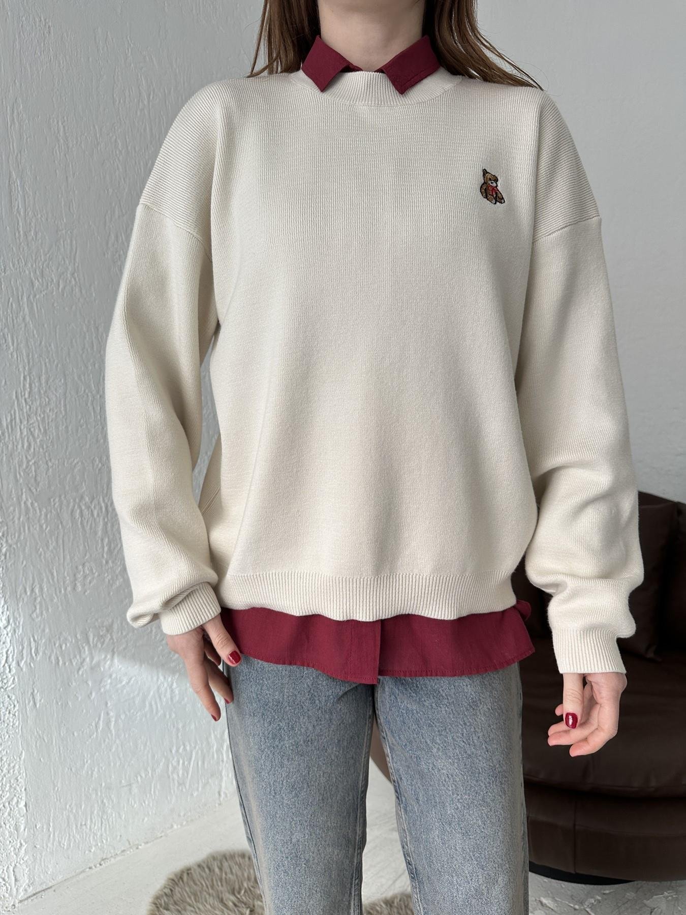 Bisiklet Yaka Ayıcık Nakış Kazak KREM