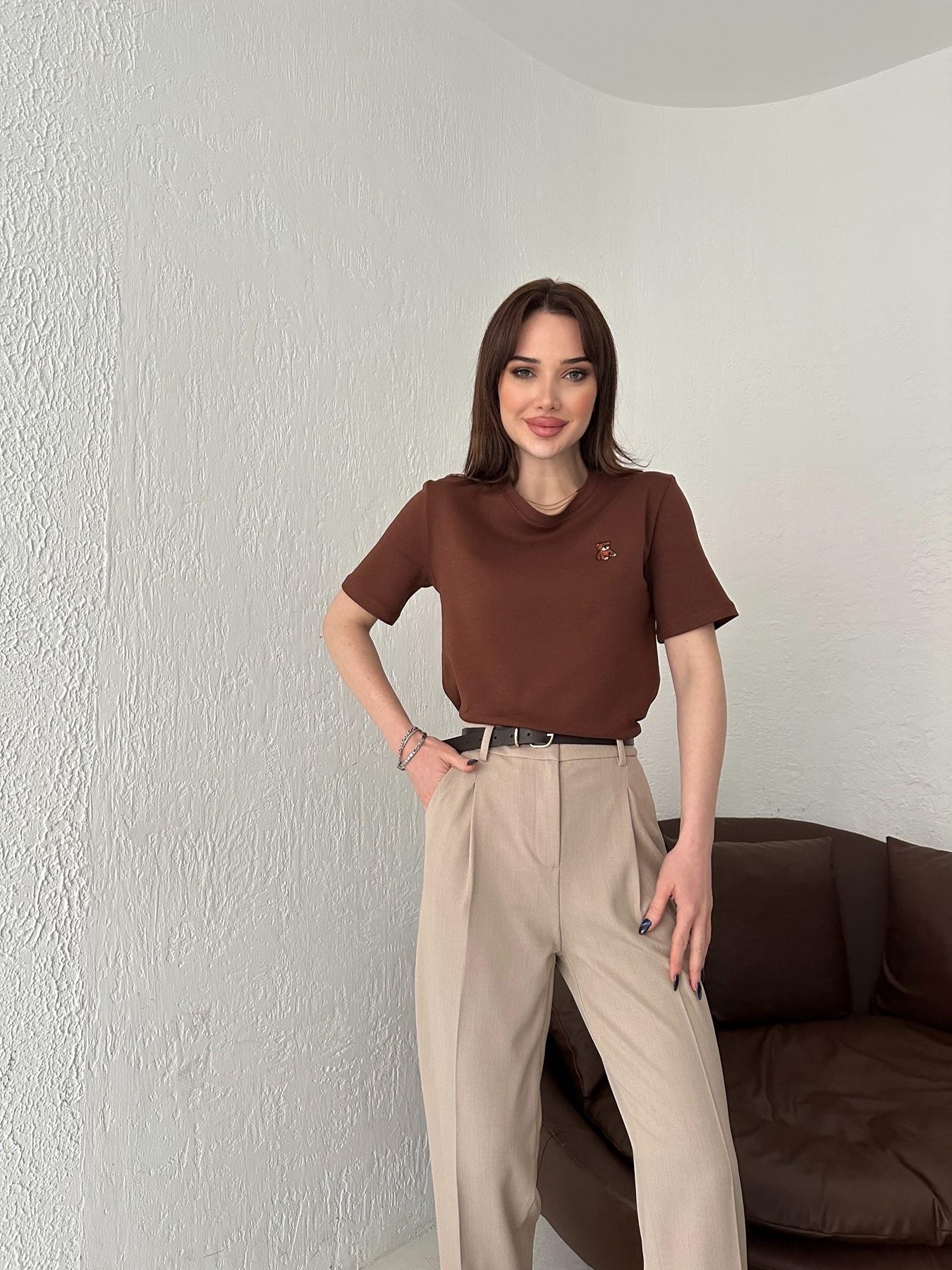 Bisiklet Yaka Ayıcık Nakışlı Tişört KAHVE