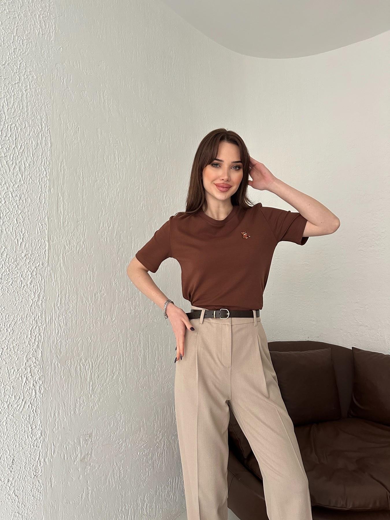 Bisiklet Yaka Ayıcık Nakışlı Tişört KAHVE