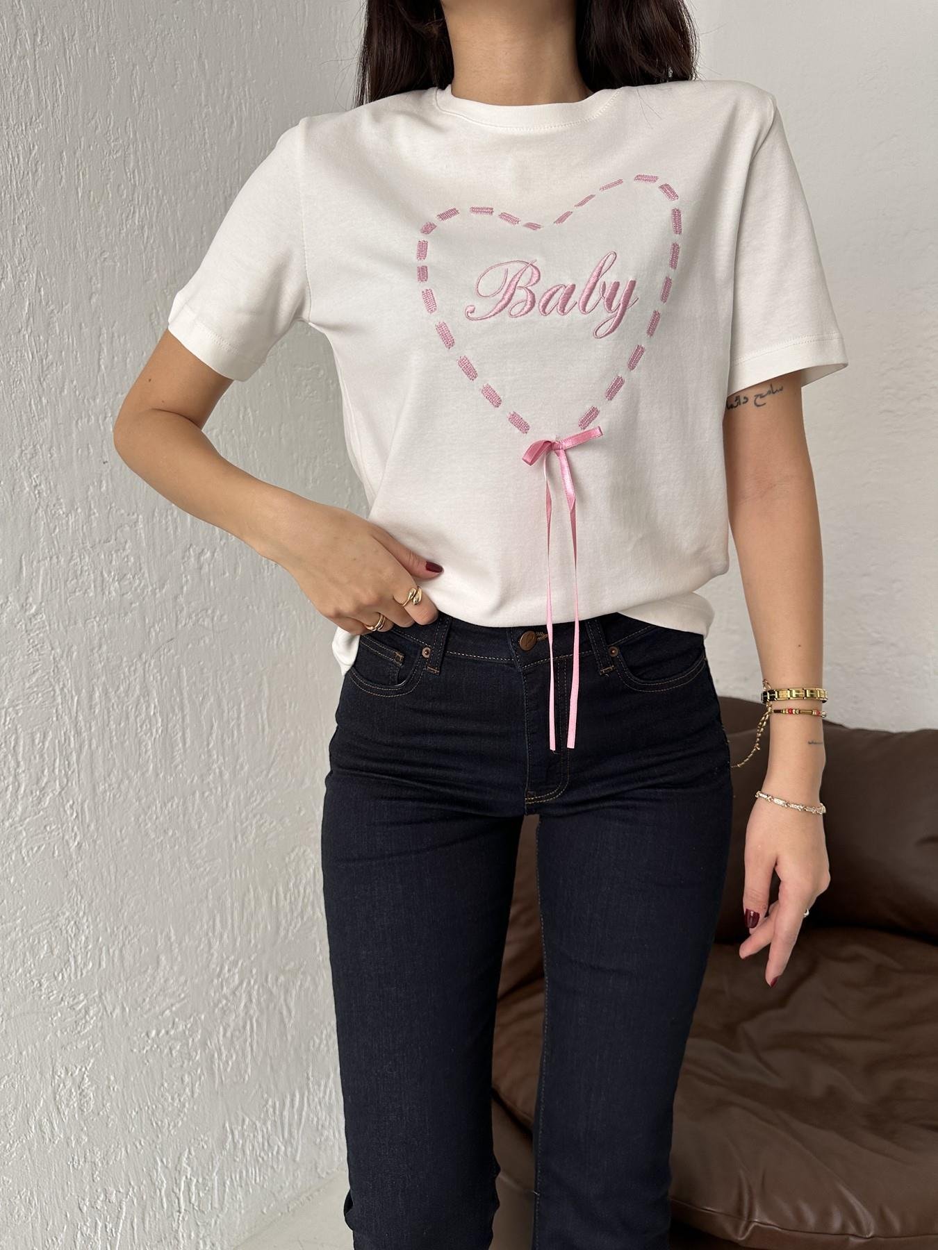 Bisiklet Yaka Baby Nakışlı Tişört BEYAZ-PEMBE