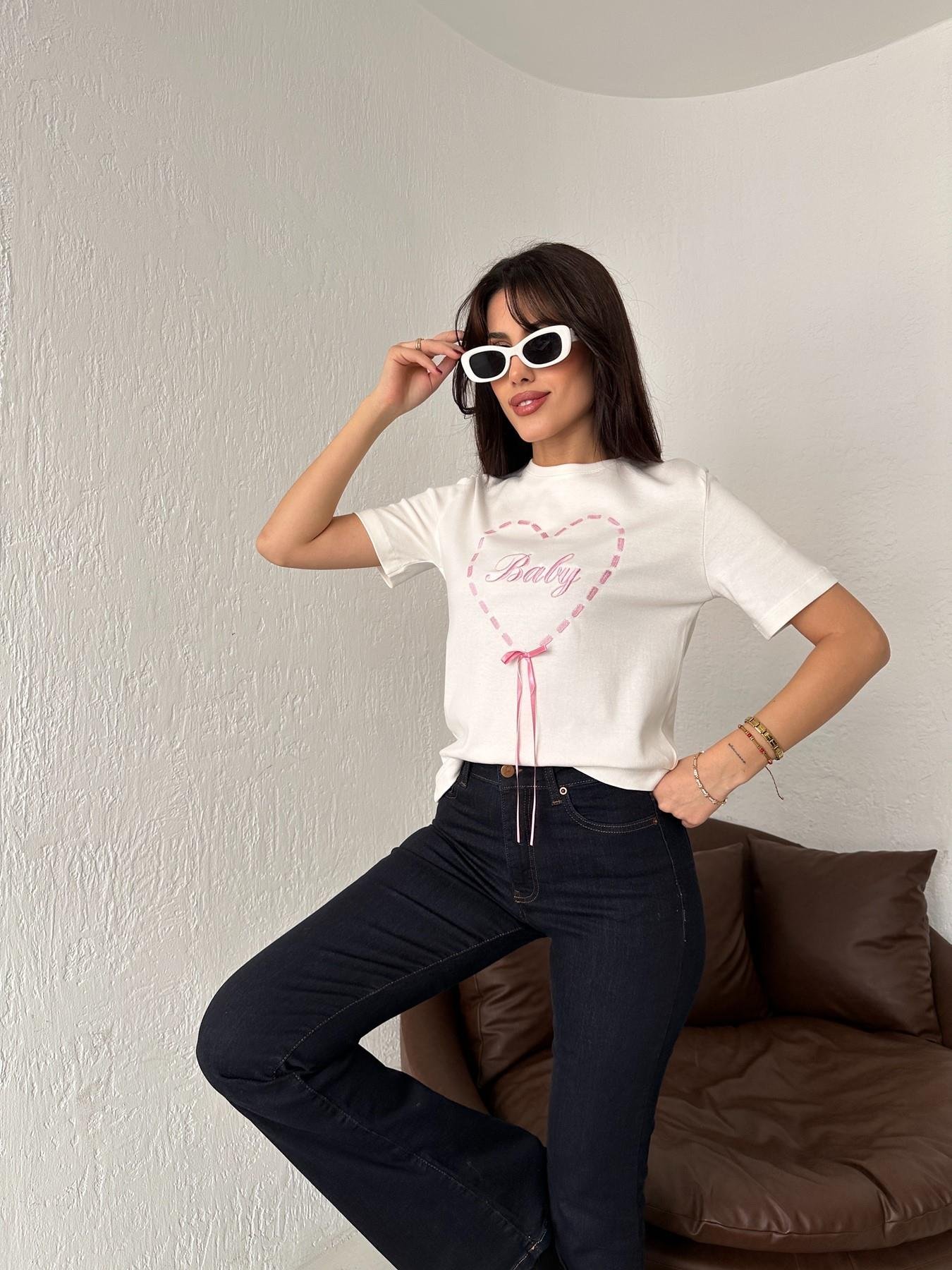Bisiklet Yaka Baby Nakışlı Tişört BEYAZ-PEMBE