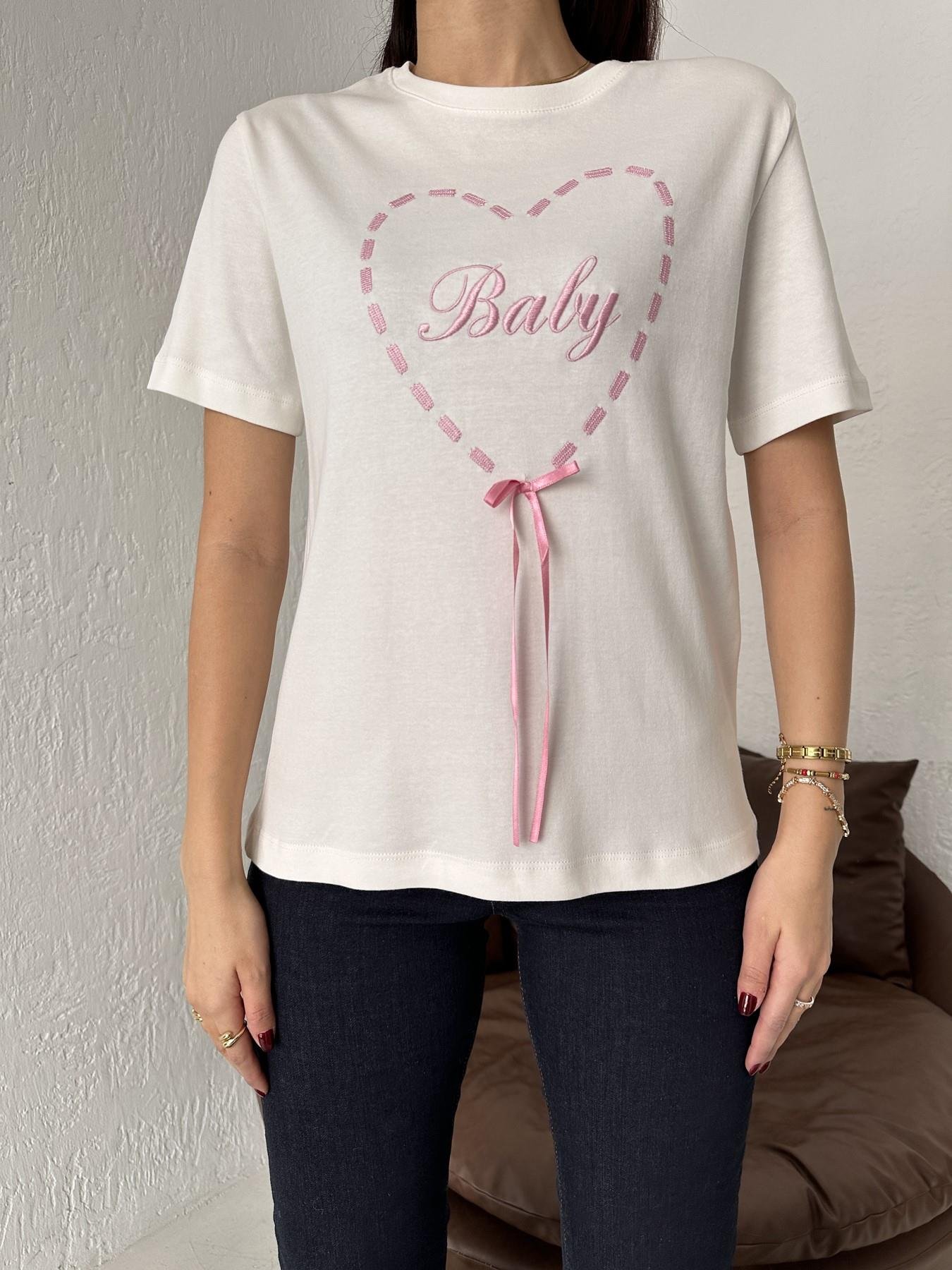 Bisiklet Yaka Baby Nakışlı Tişört BEYAZ-PEMBE