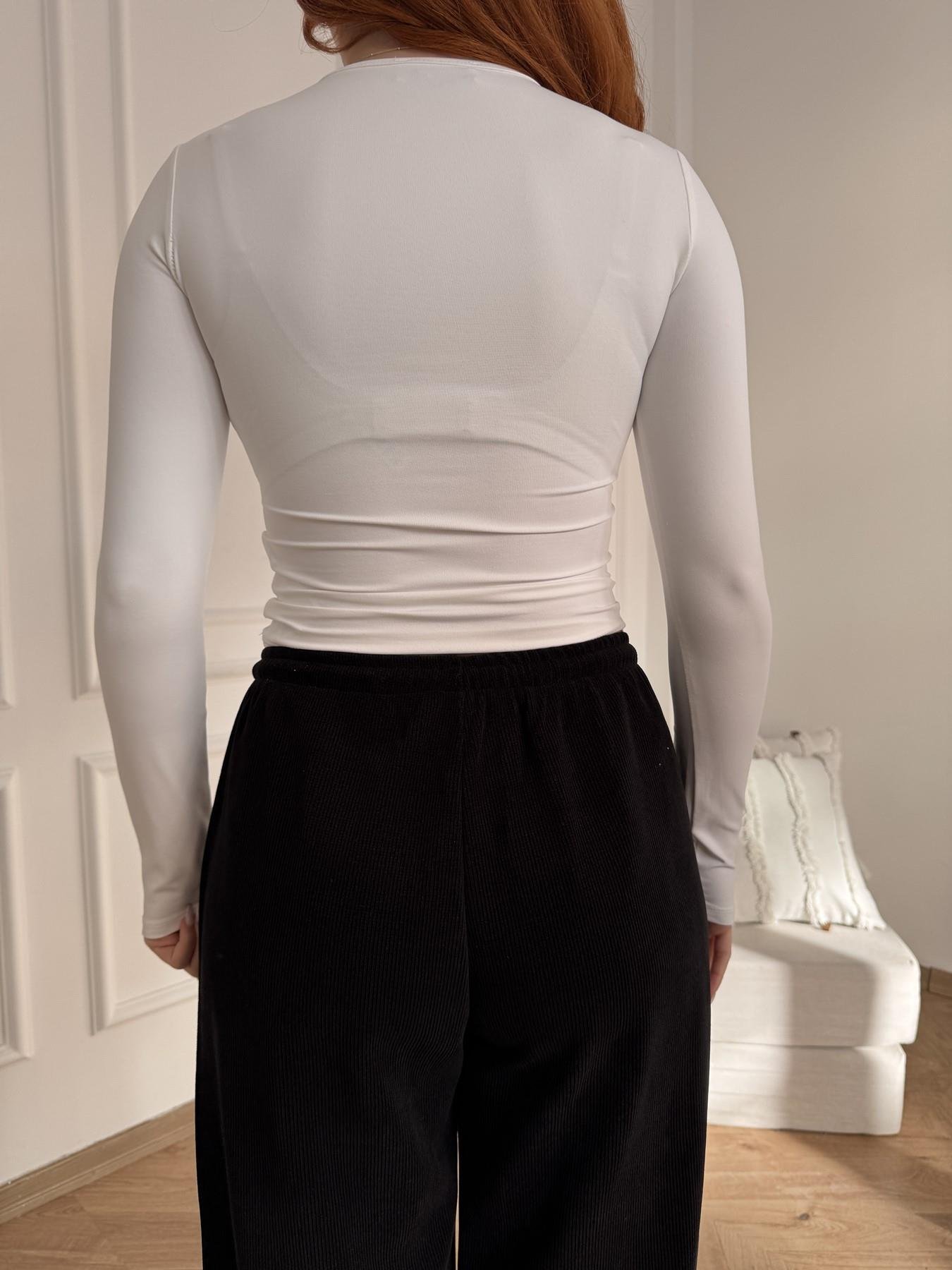 Bisiklet Yaka Basic Bluz Ekru