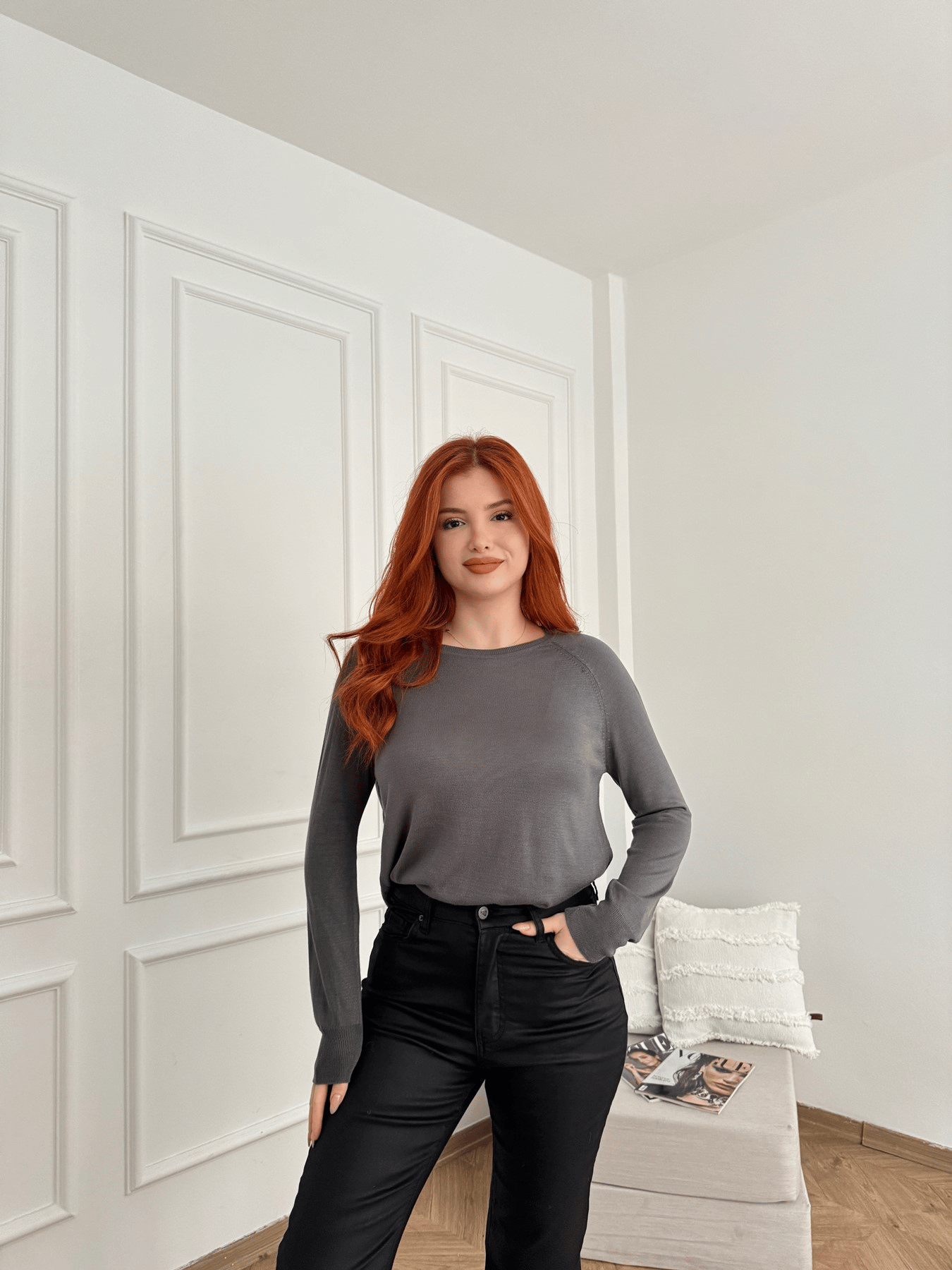 Bisiklet Yaka Basic Triko Füme