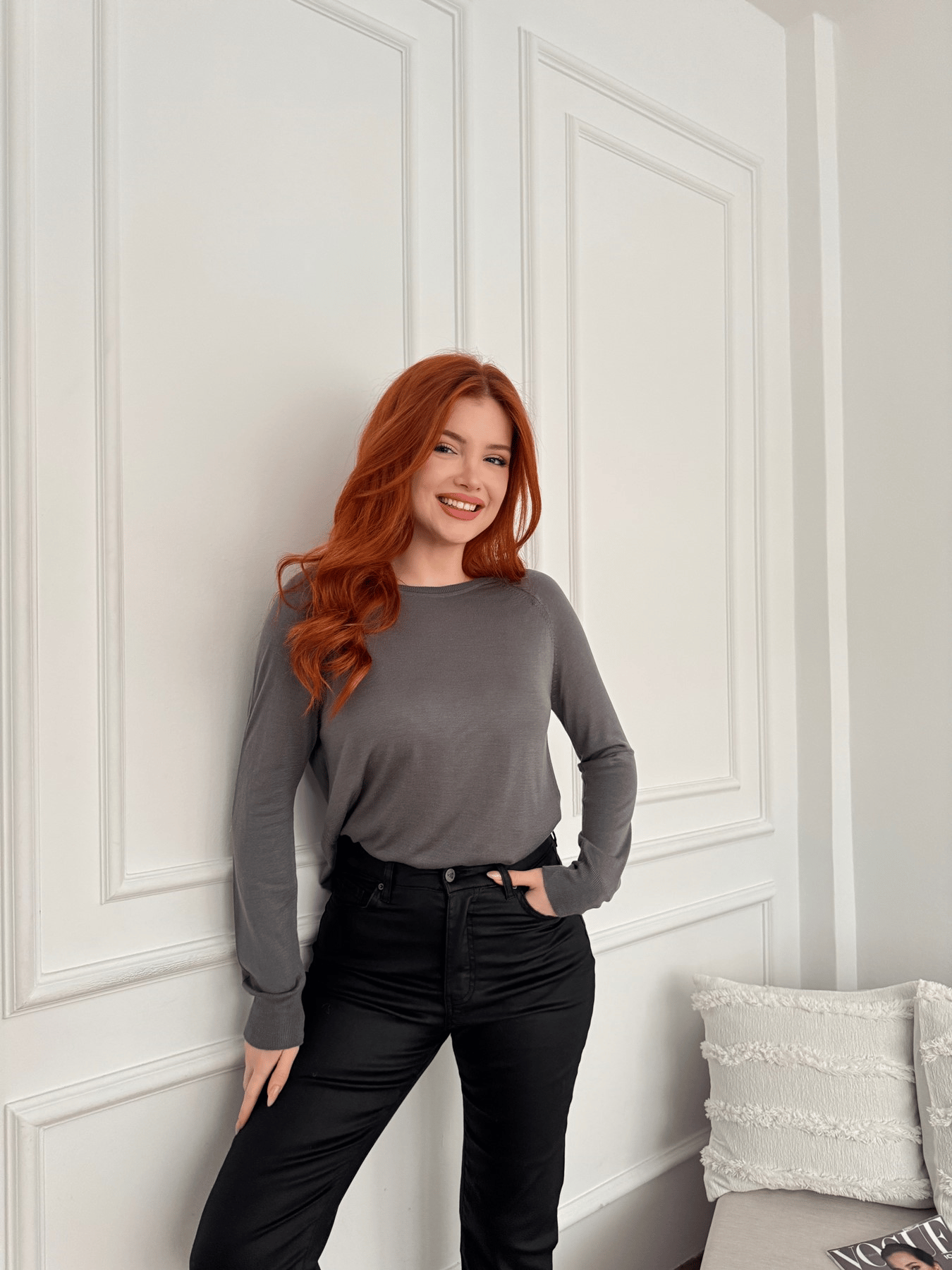 Bisiklet Yaka Basic Triko Füme