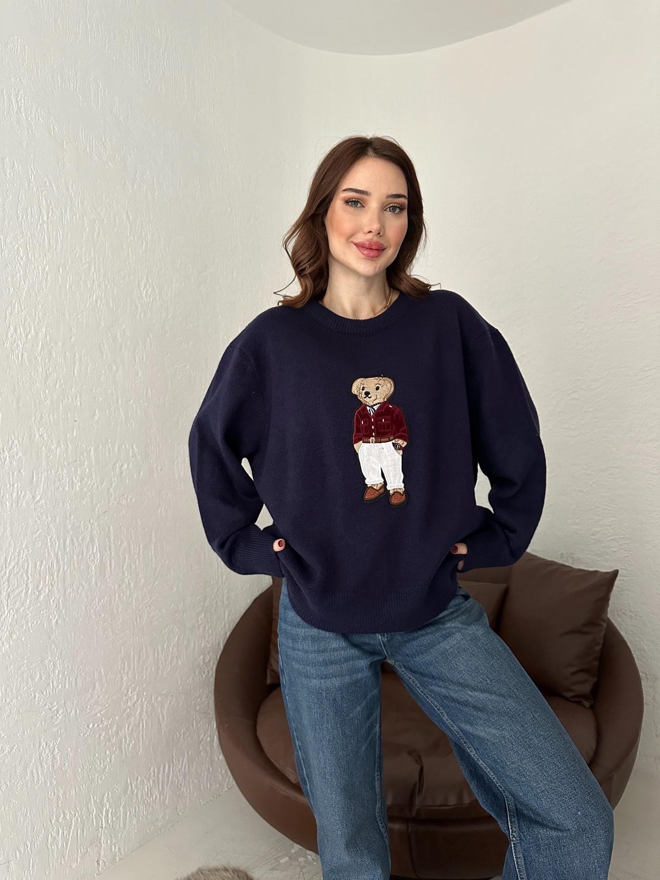 Bisiklet Yaka Bear Nakışlı Kazak LACİVERT