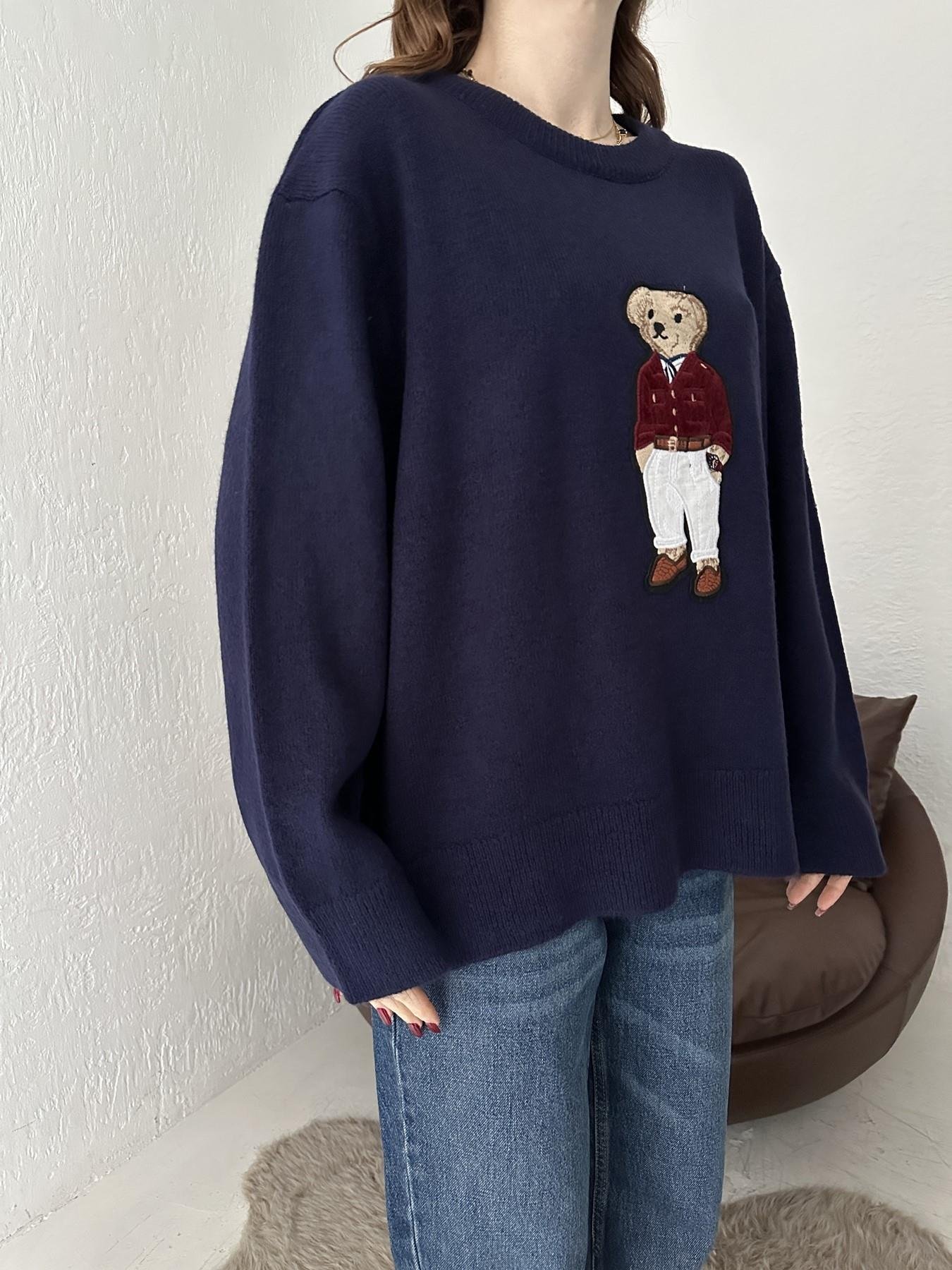 Bisiklet Yaka Bear Nakışlı Kazak LACİVERT