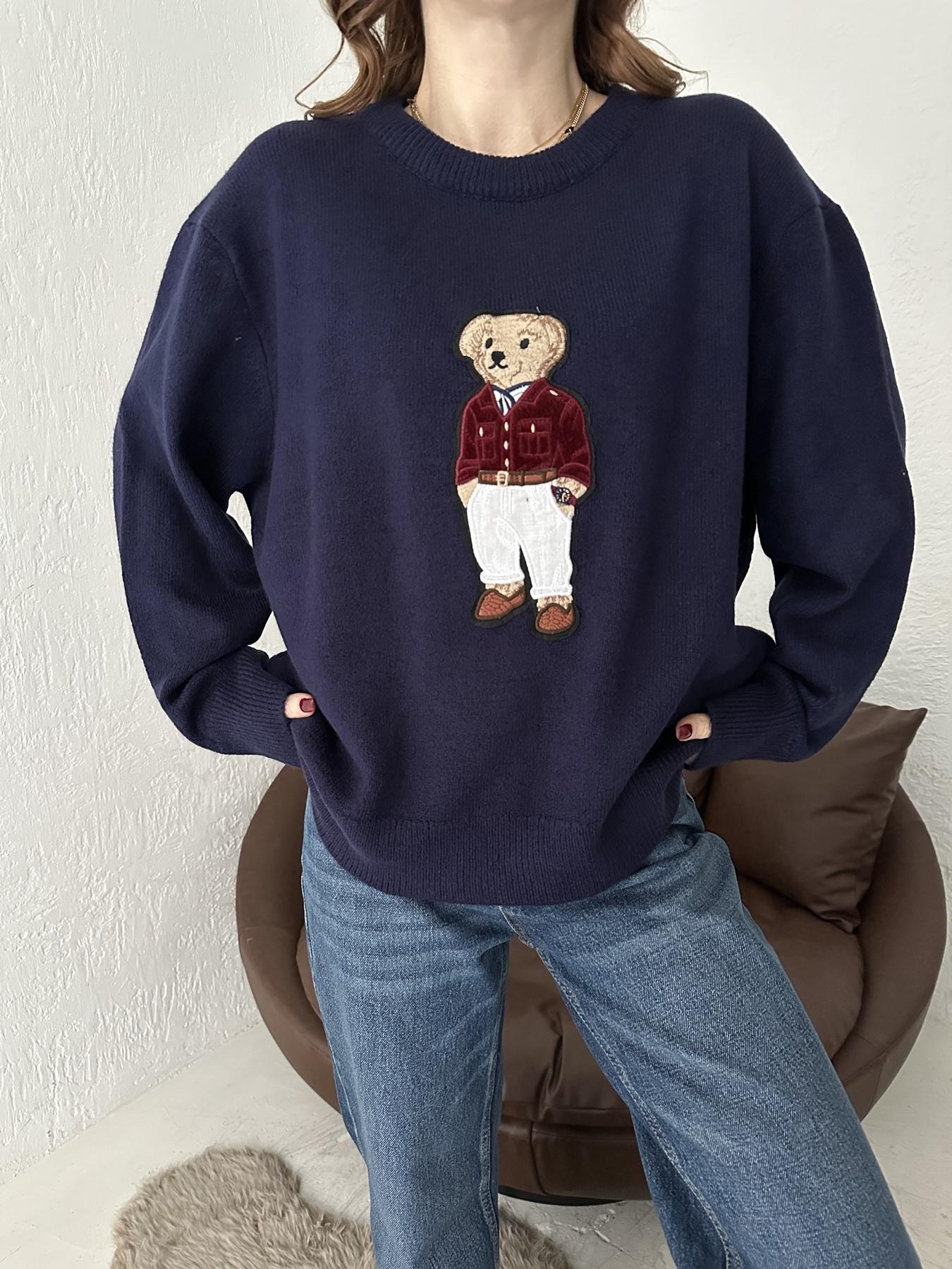 Bisiklet Yaka Bear Nakışlı Kazak LACİVERT