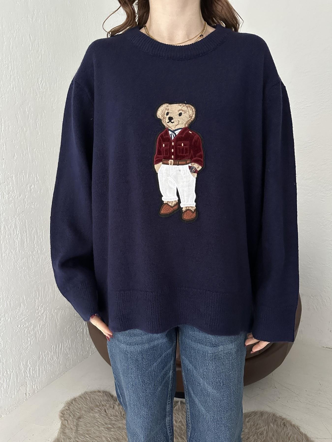 Bisiklet Yaka Bear Nakışlı Kazak LACİVERT