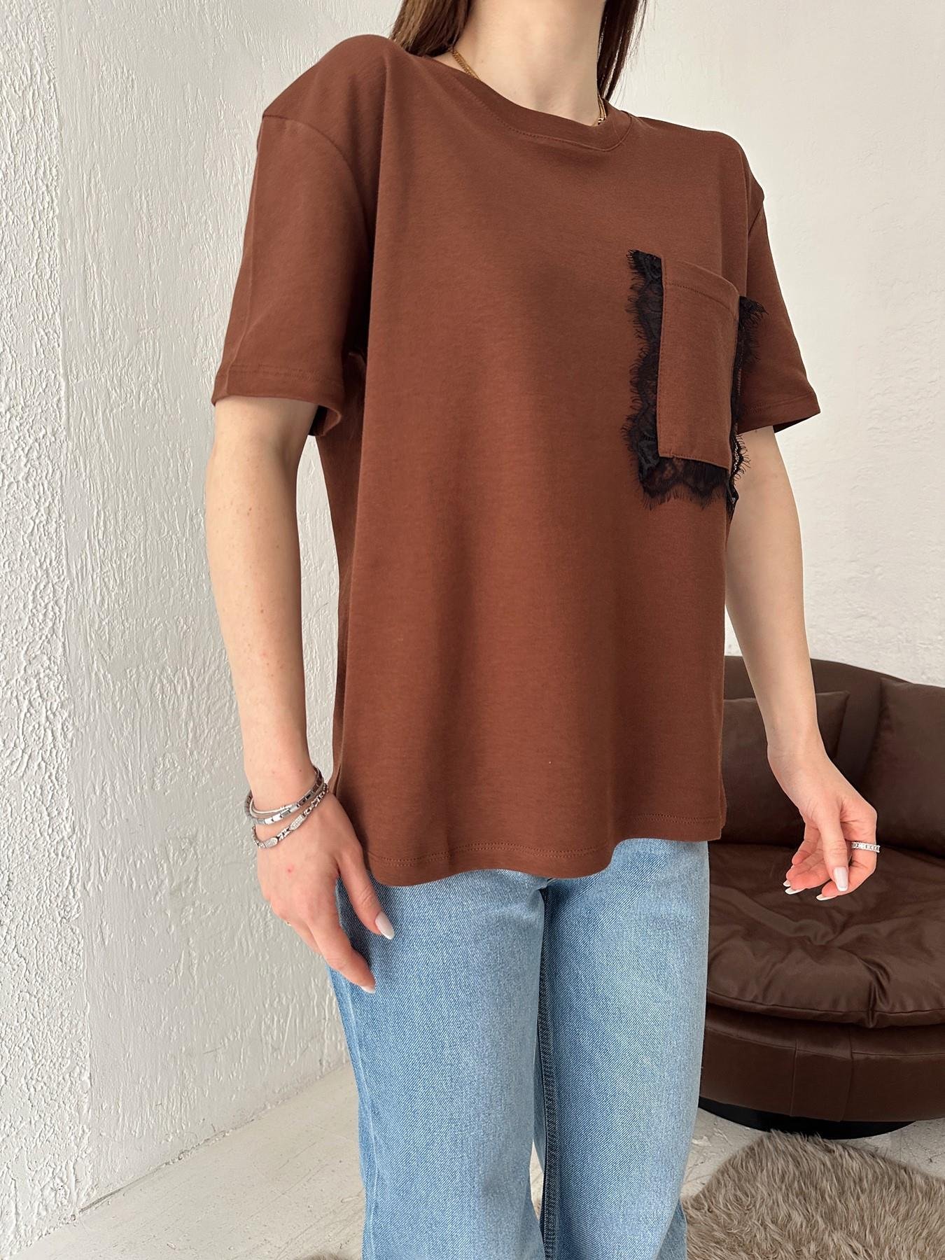 Bisiklet Yaka Cebi Tüllü Tişört KAHVE