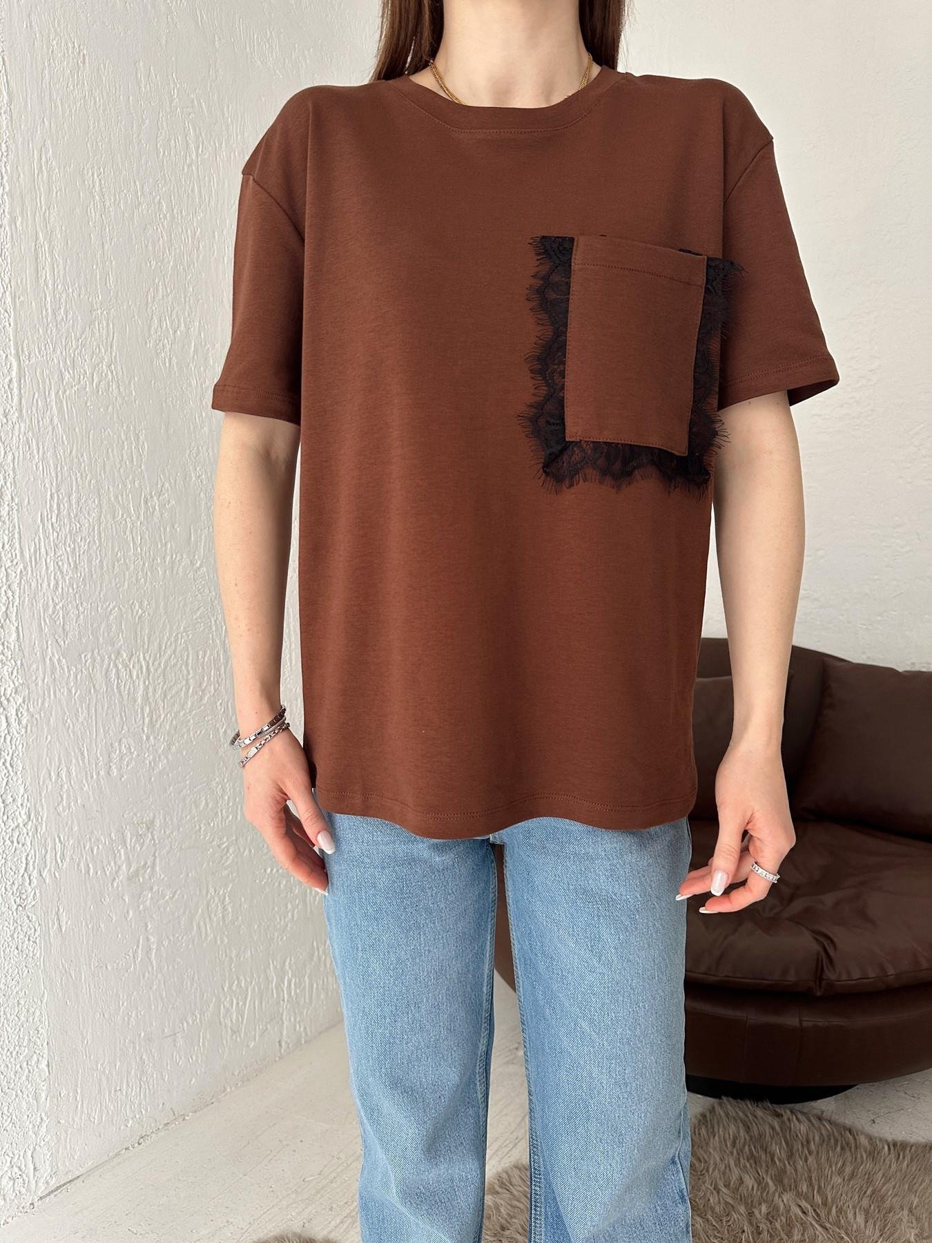 Bisiklet Yaka Cebi Tüllü Tişört KAHVE