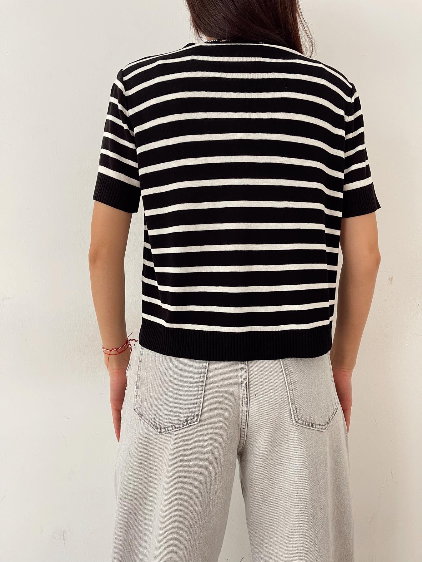 Bisiklet Yaka Çizgili Triko SİYAH-EKRU