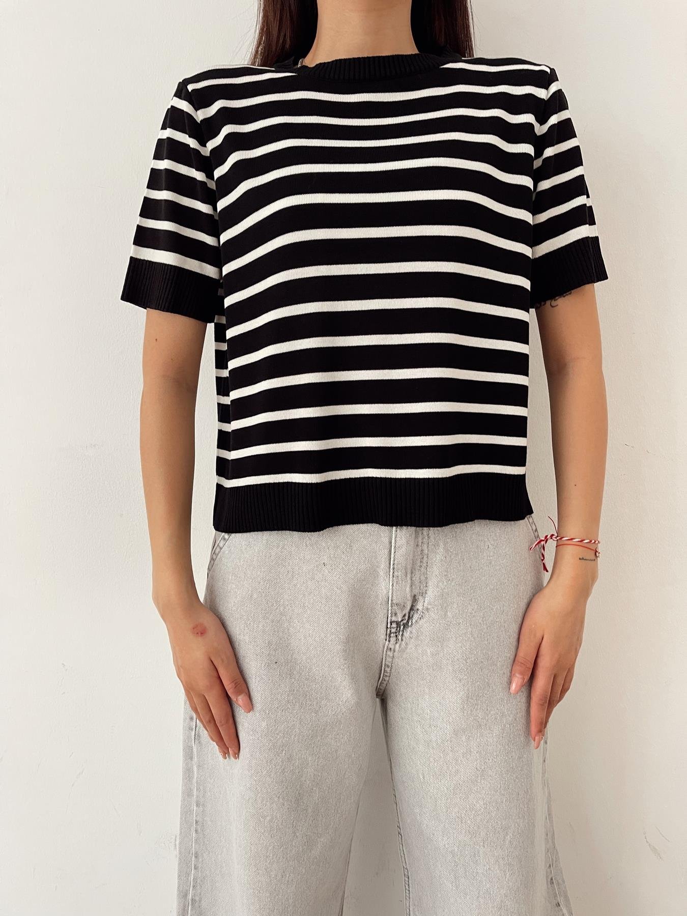 Bisiklet Yaka Çizgili Triko SİYAH-EKRU