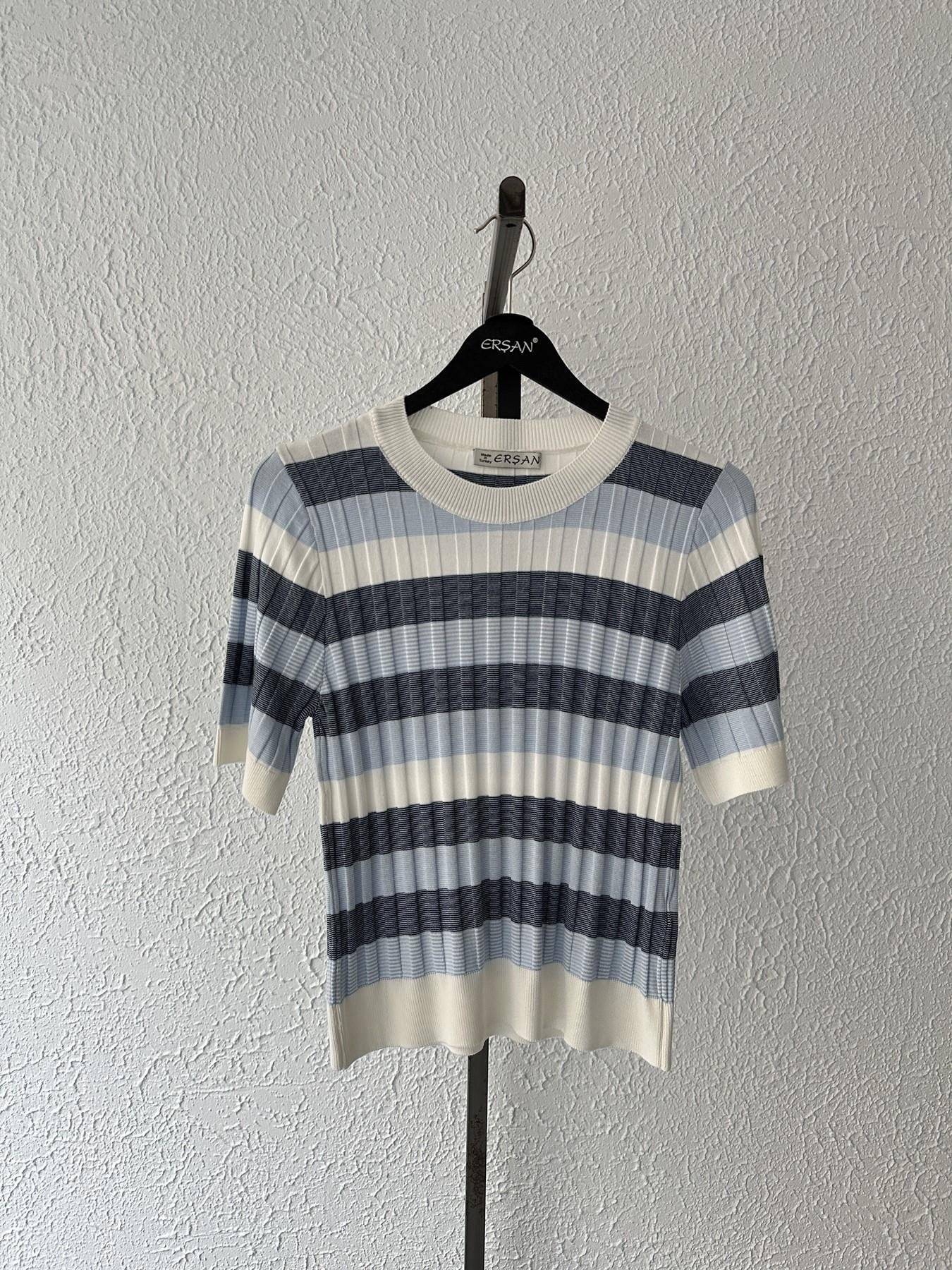 Bisiklet Yaka Çizgili Yumoş Bluz Mavi