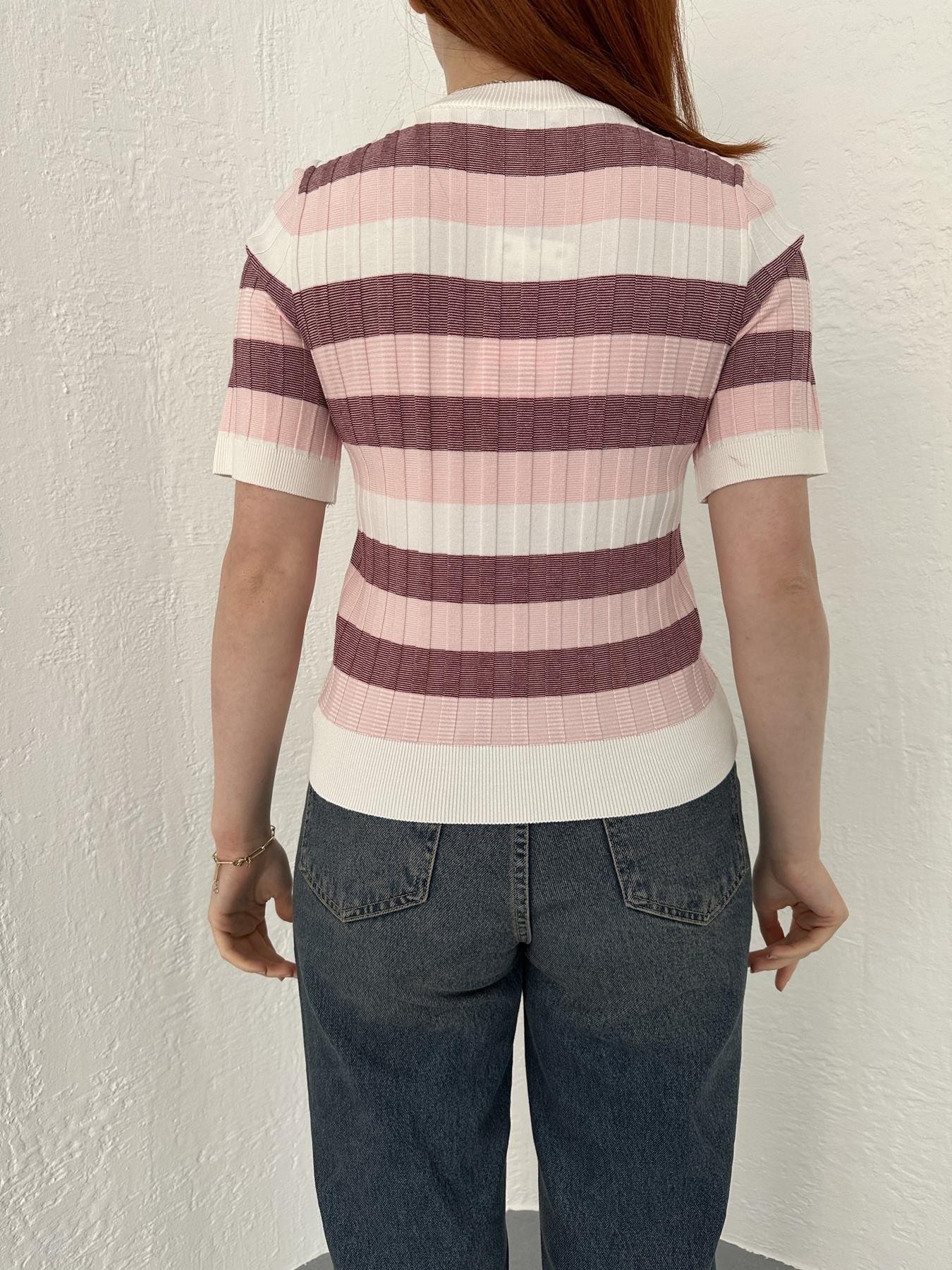 Bisiklet Yaka Çizgili Yumoş Bluz Pembe