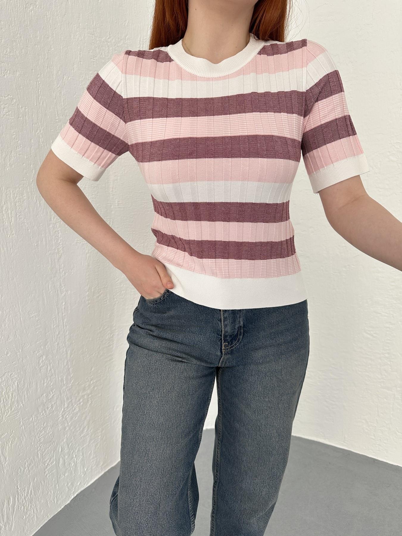 Bisiklet Yaka Çizgili Yumoş Bluz Pembe
