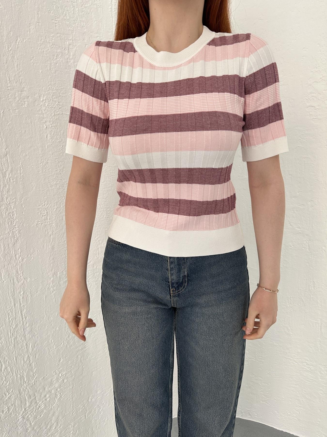 Bisiklet Yaka Çizgili Yumoş Bluz Pembe